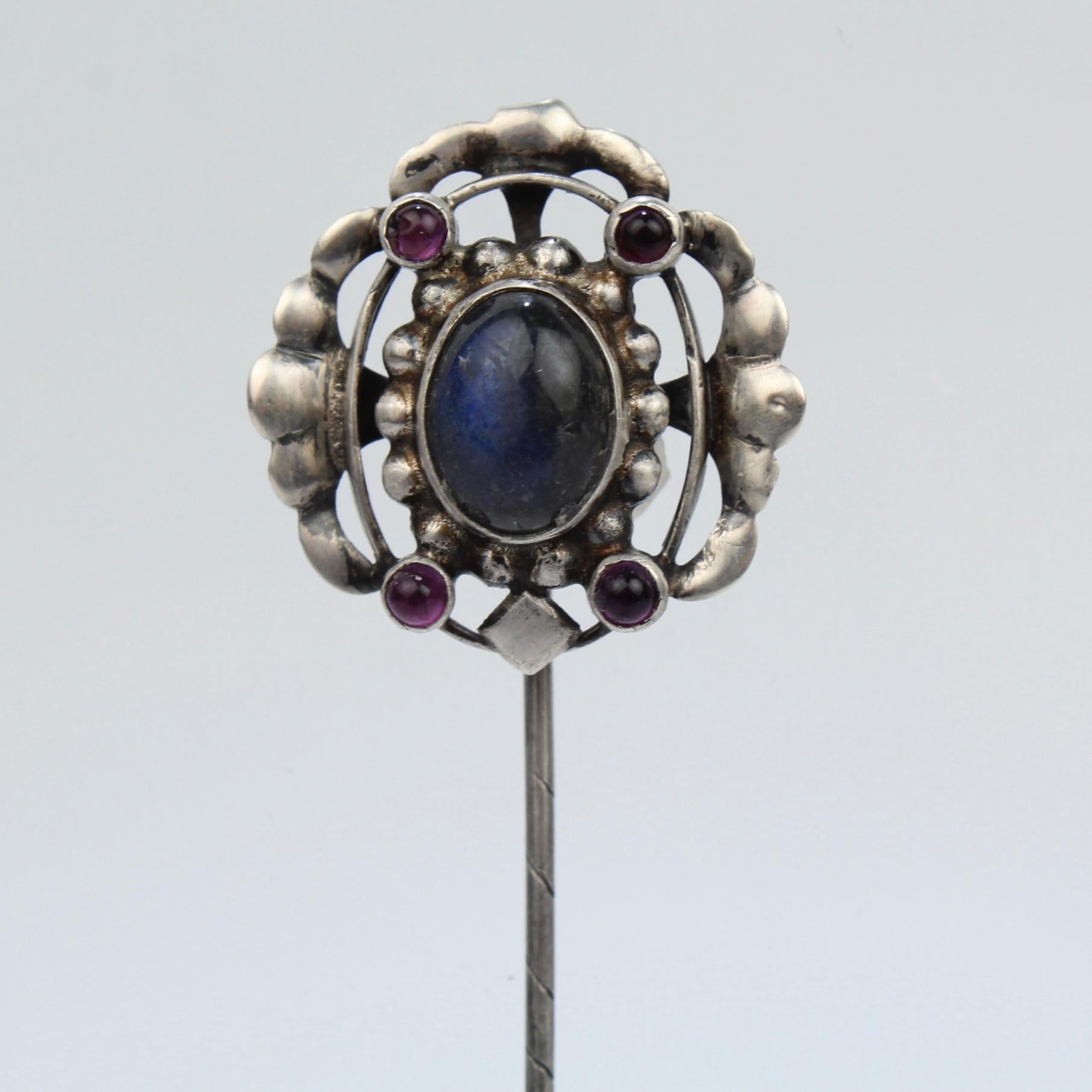 Art Deco Georg Jensen 830 Silver Stick Pin No. 17 with Labradorite and Amethysts 1