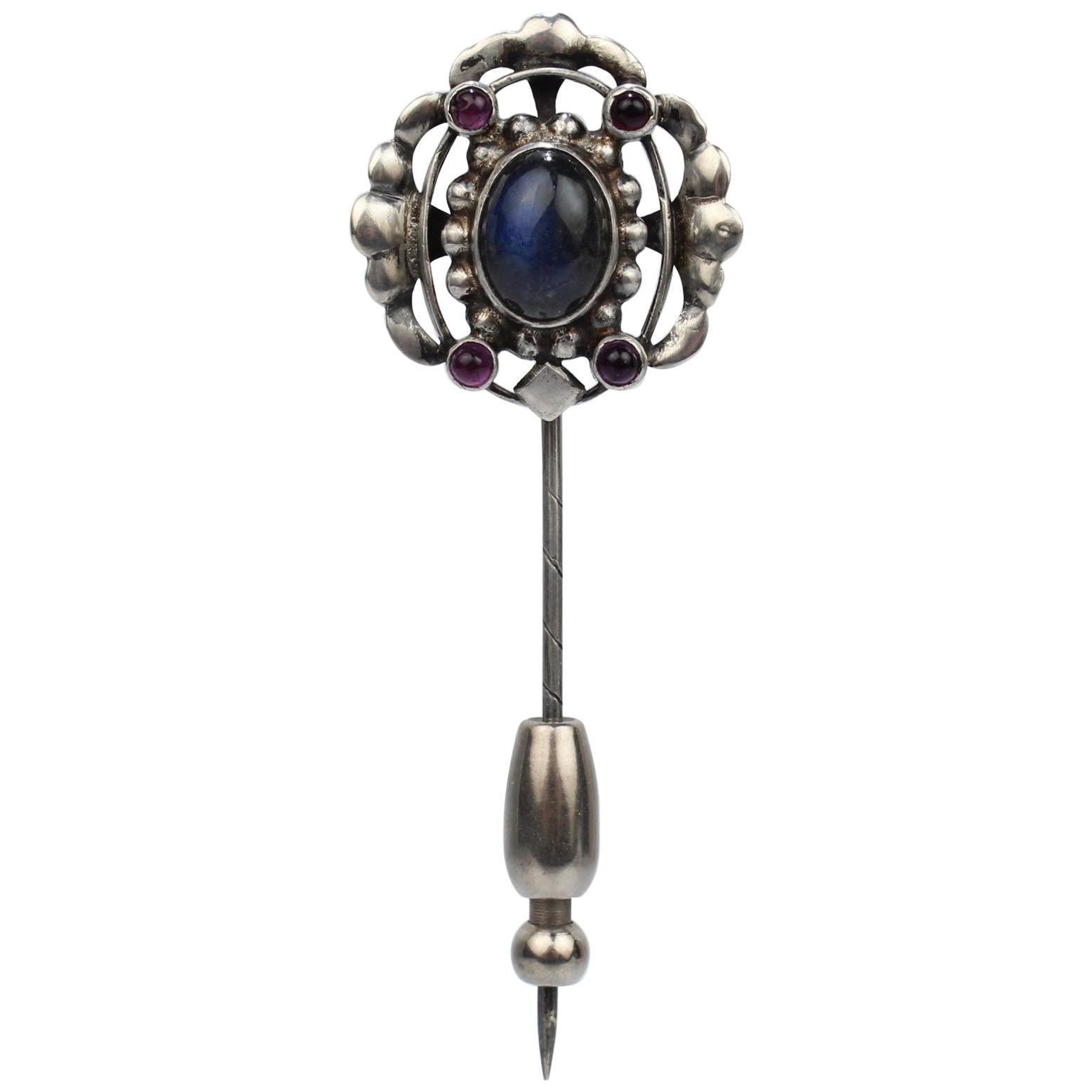 Art Deco Georg Jensen 830 Silver Stick Pin No. 17 with Labradorite and Amethysts