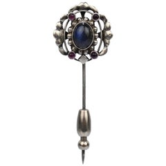 Antique Art Deco Georg Jensen 830 Silver Stick Pin No. 17 with Labradorite and Amethysts