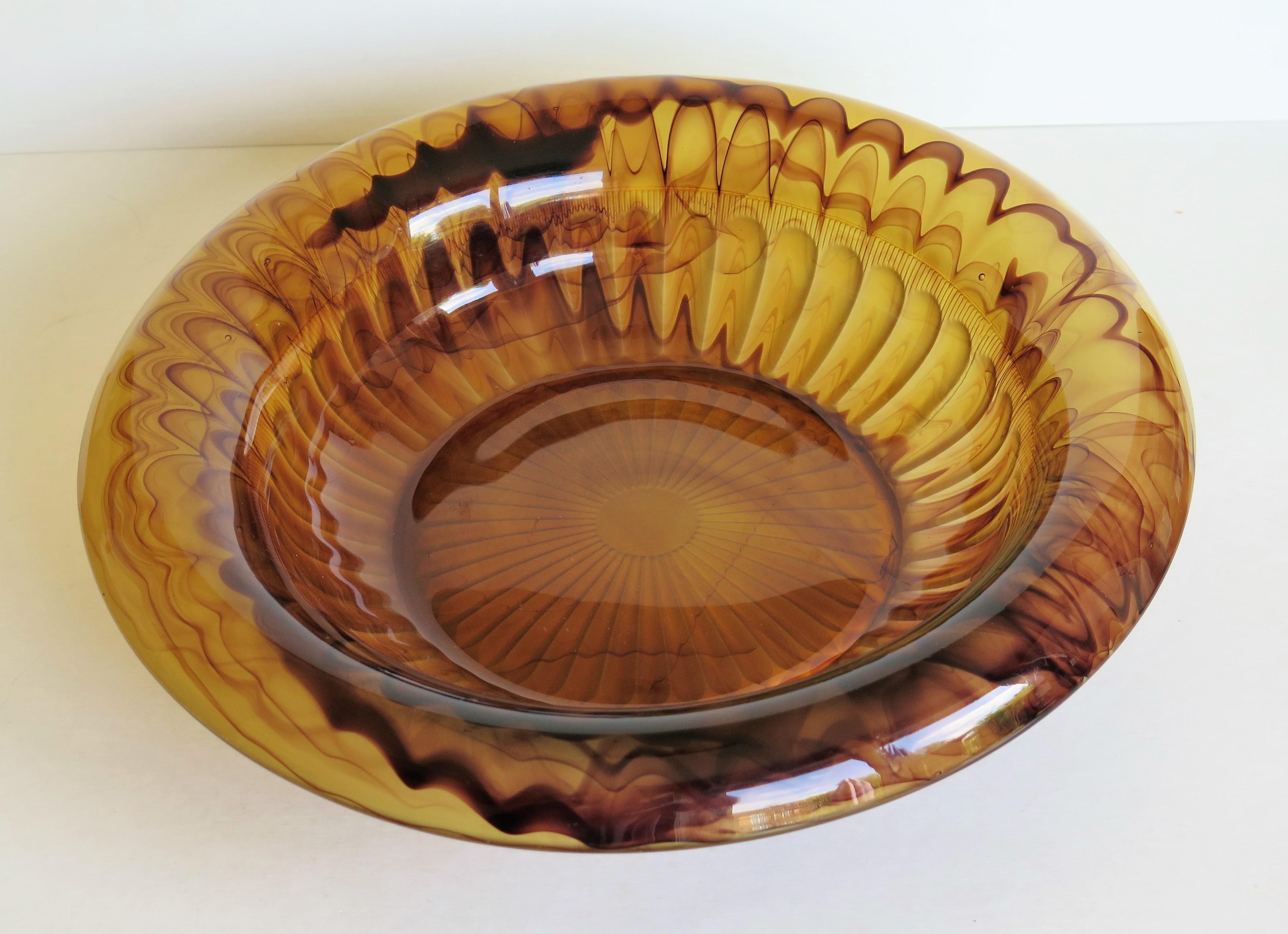 Pressed Art Deco George Davidson Large Amber Cloud Glass Bowl Pattern 1910D, Ca 1930
