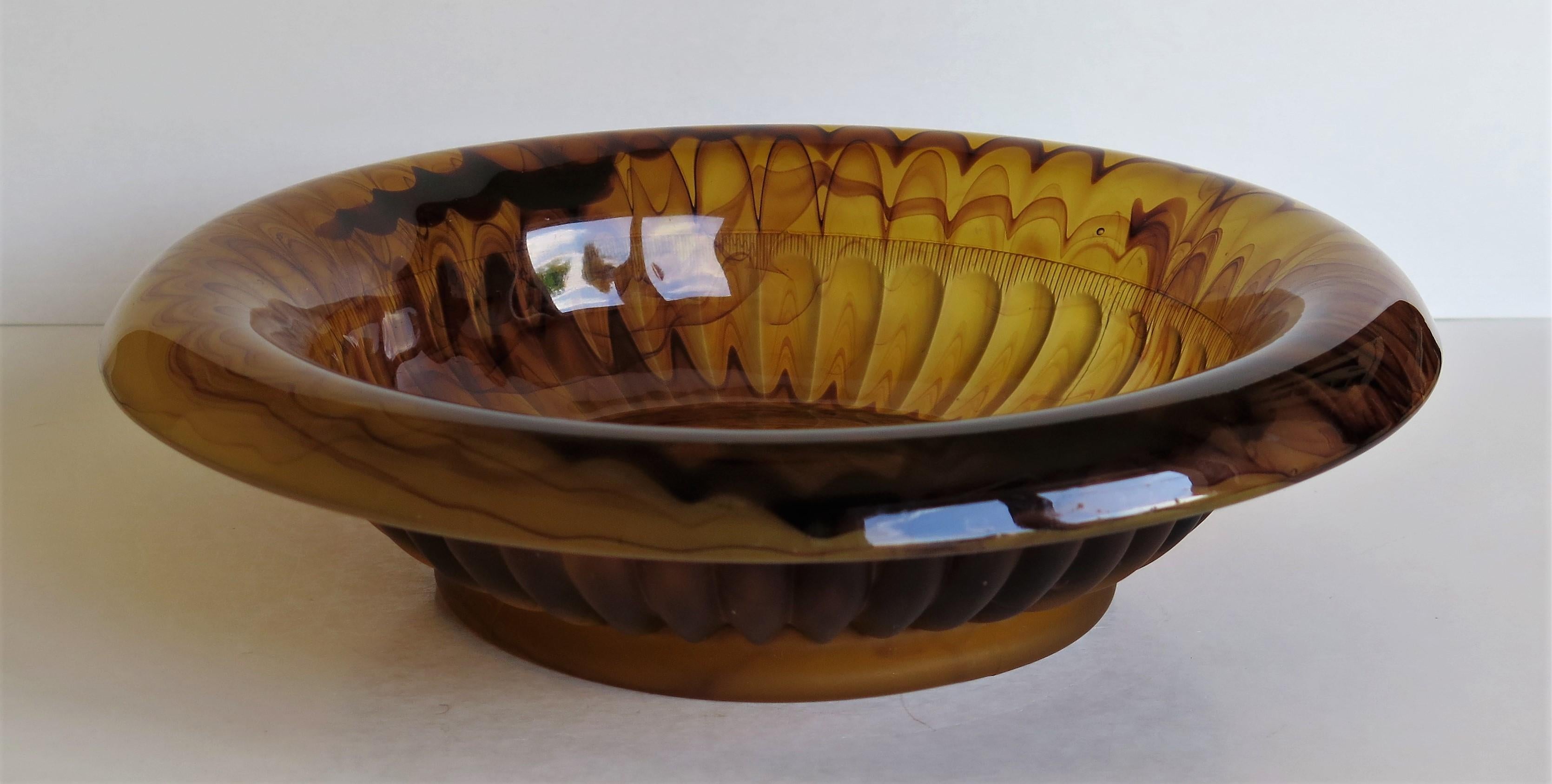 20th Century Art Deco George Davidson Large Amber Cloud Glass Bowl Pattern 1910D, Ca 1930