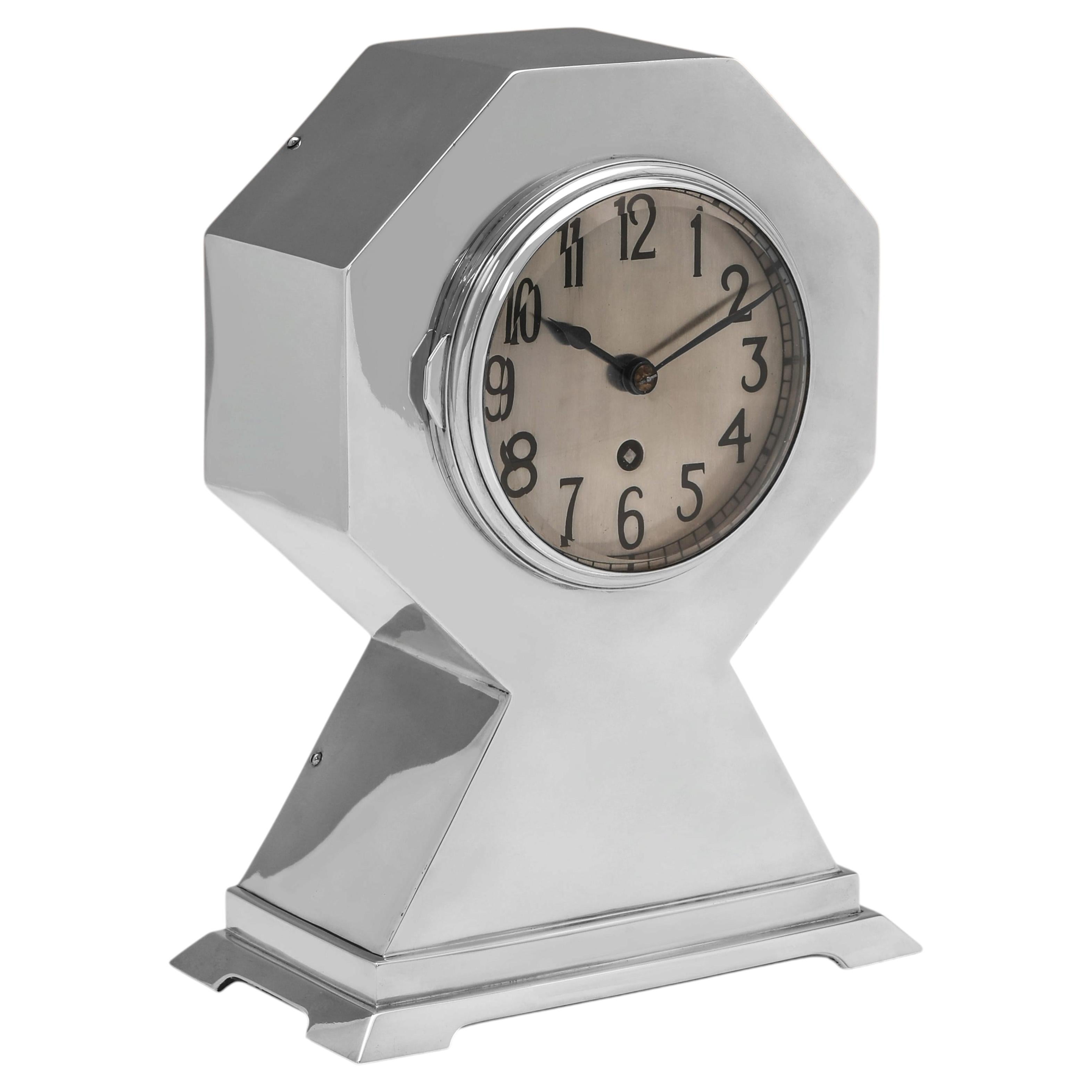 Art Deco German .800 Silver Clock, Gebrüder Friedländer, Berlin, Circa 1930