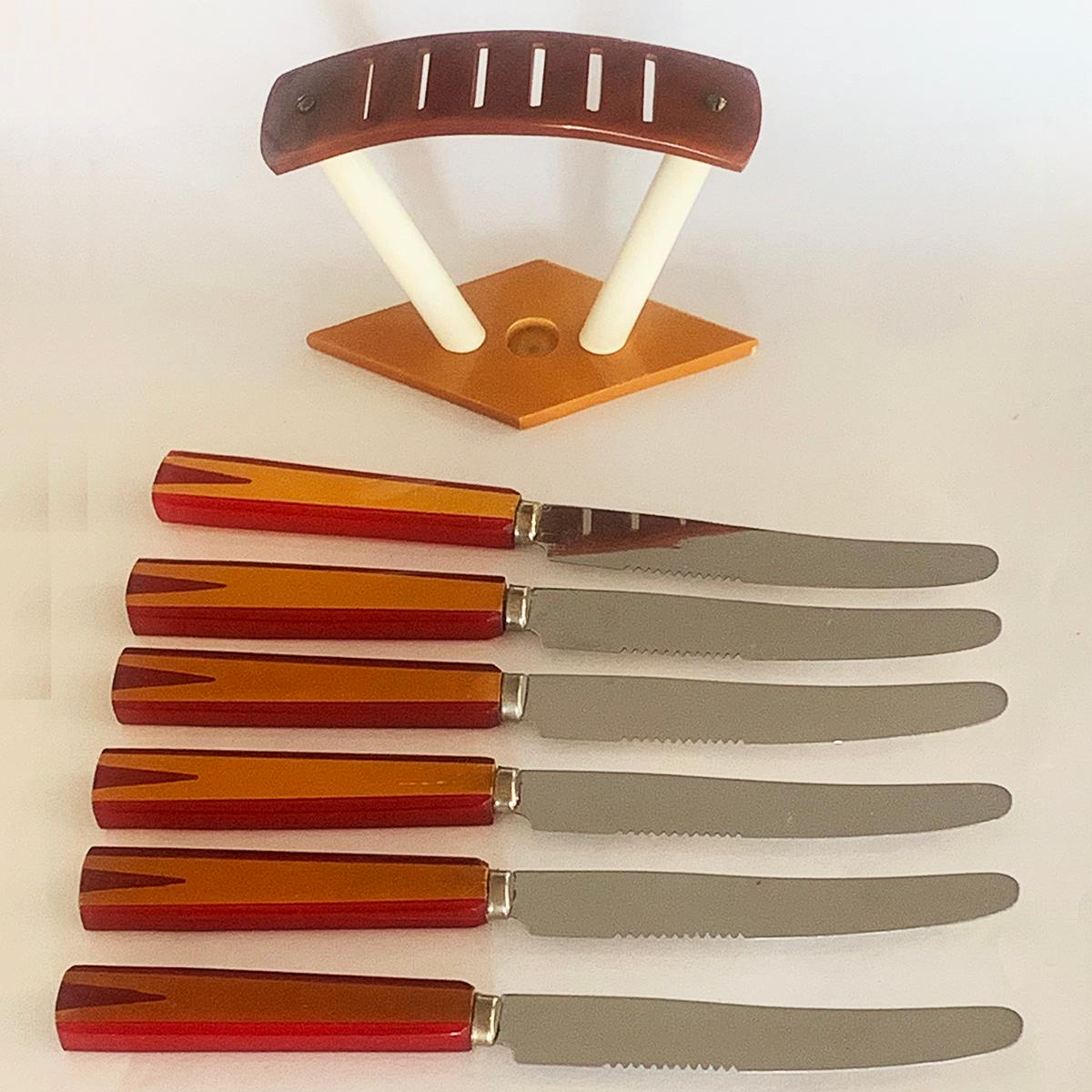 Art Deco German Bakelite Fruit Knife Set Holder and Knives For Sale 1
