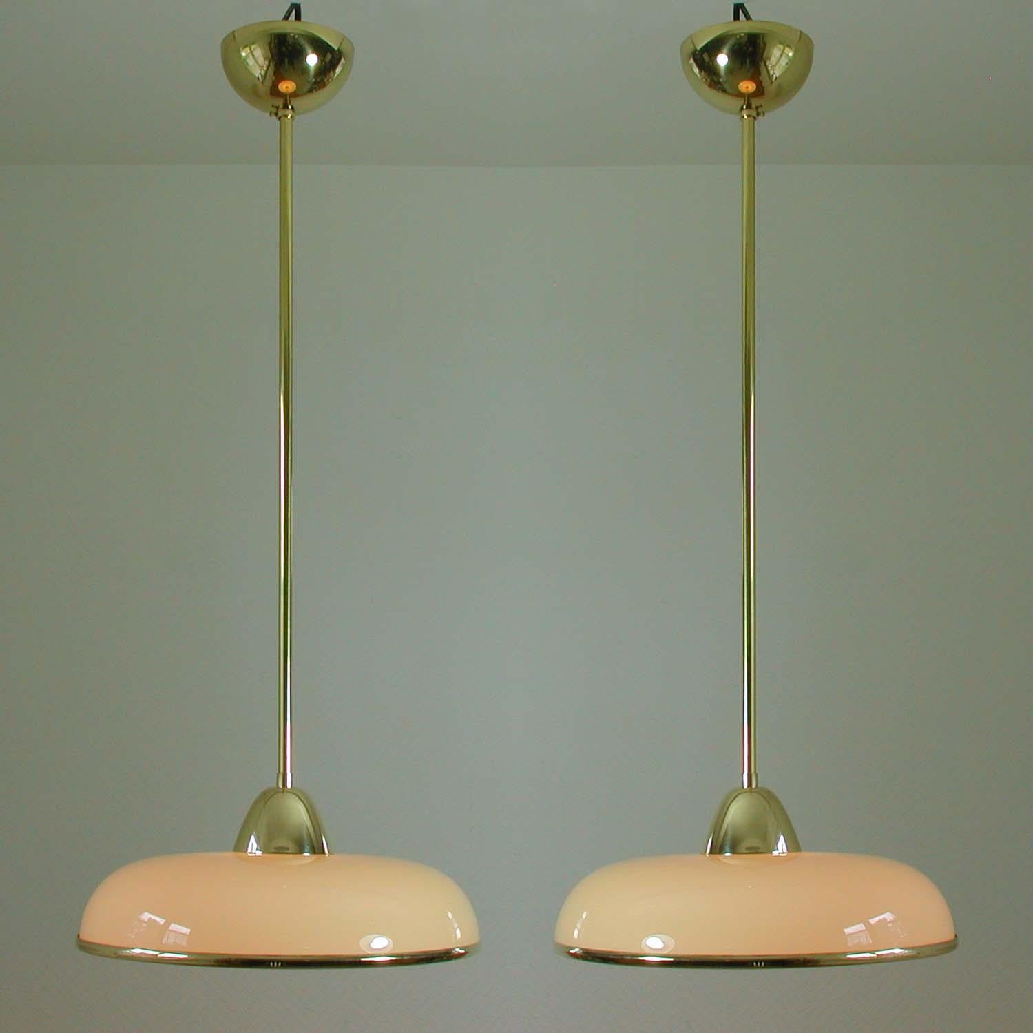 Art Deco German Bauhaus Cream Opaline Glass and Brass Pendants, Set of 2 6