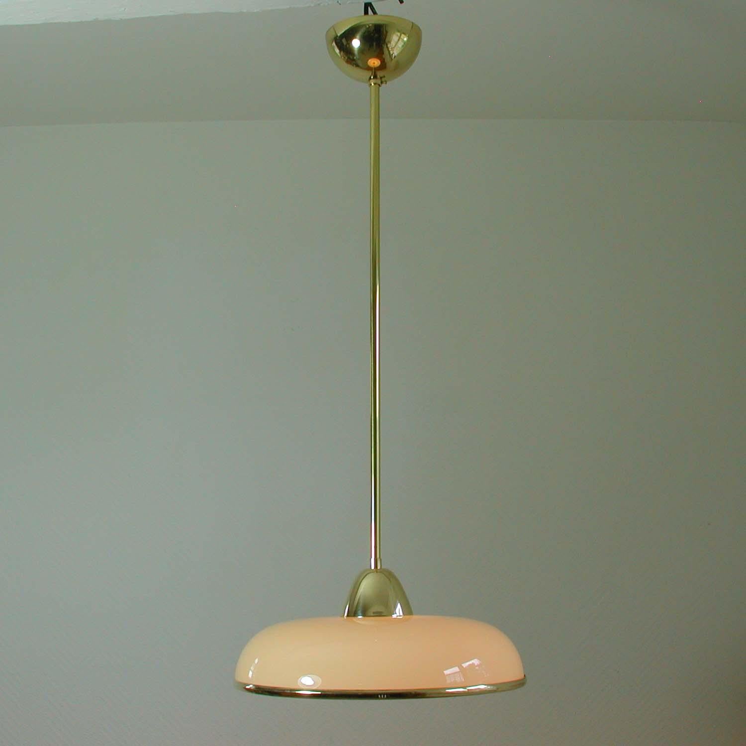 Art Deco German Bauhaus Cream Opaline Glass and Brass Pendants, Set of 2 7