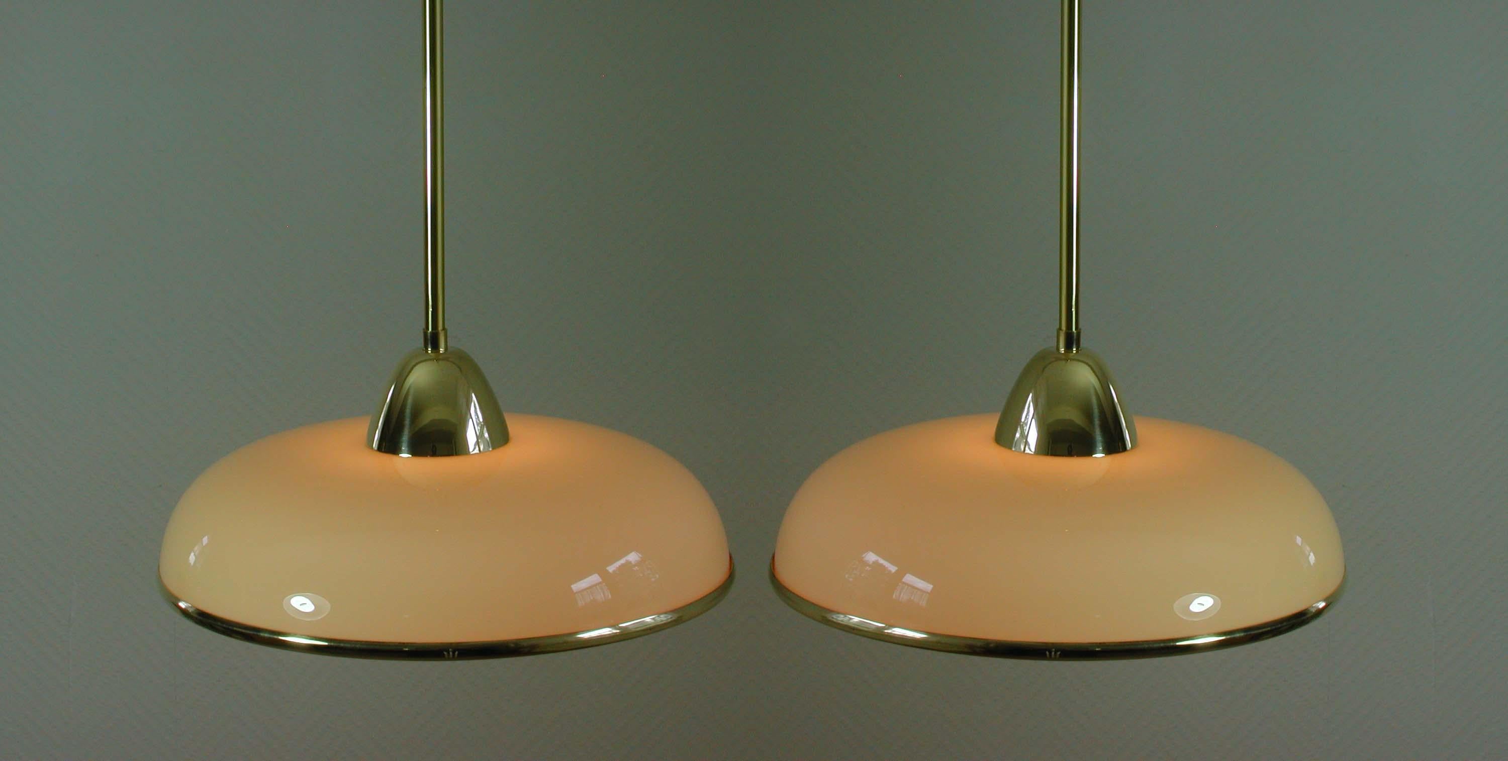 Art Deco German Bauhaus Cream Opaline Glass and Brass Pendants, 5 available 8