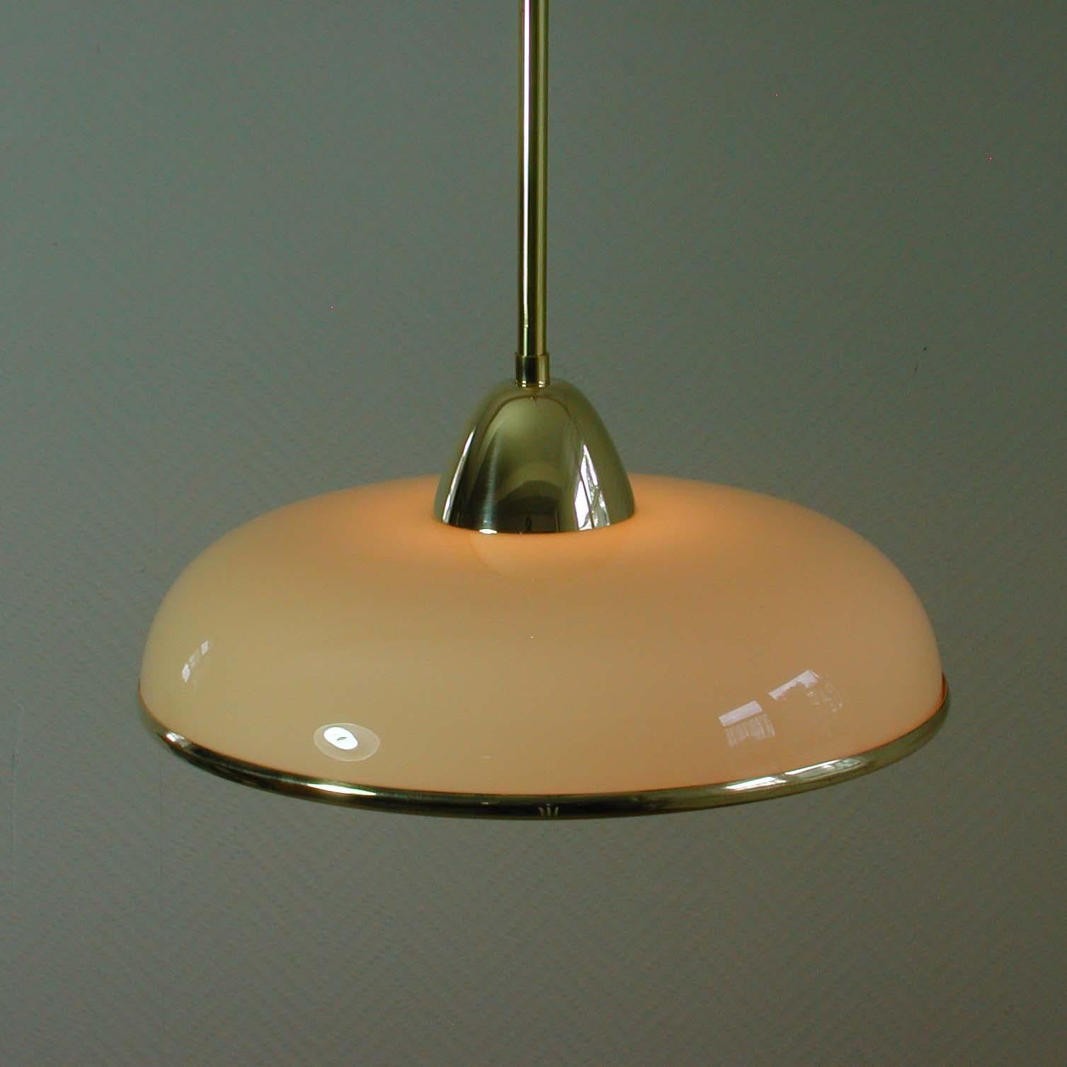 Art Deco German Bauhaus Cream Opaline Glass and Brass Pendants, Set of 2 10