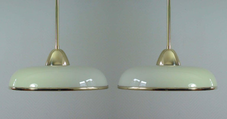 Art Deco German Bauhaus Cream Opaline Glass and Brass Pendants, 5 available In Good Condition In Nümbrecht, NRW
