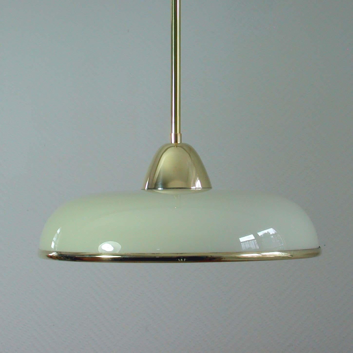 Mid-20th Century Art Deco German Bauhaus Cream Opaline Glass and Brass Pendants, Set of 2