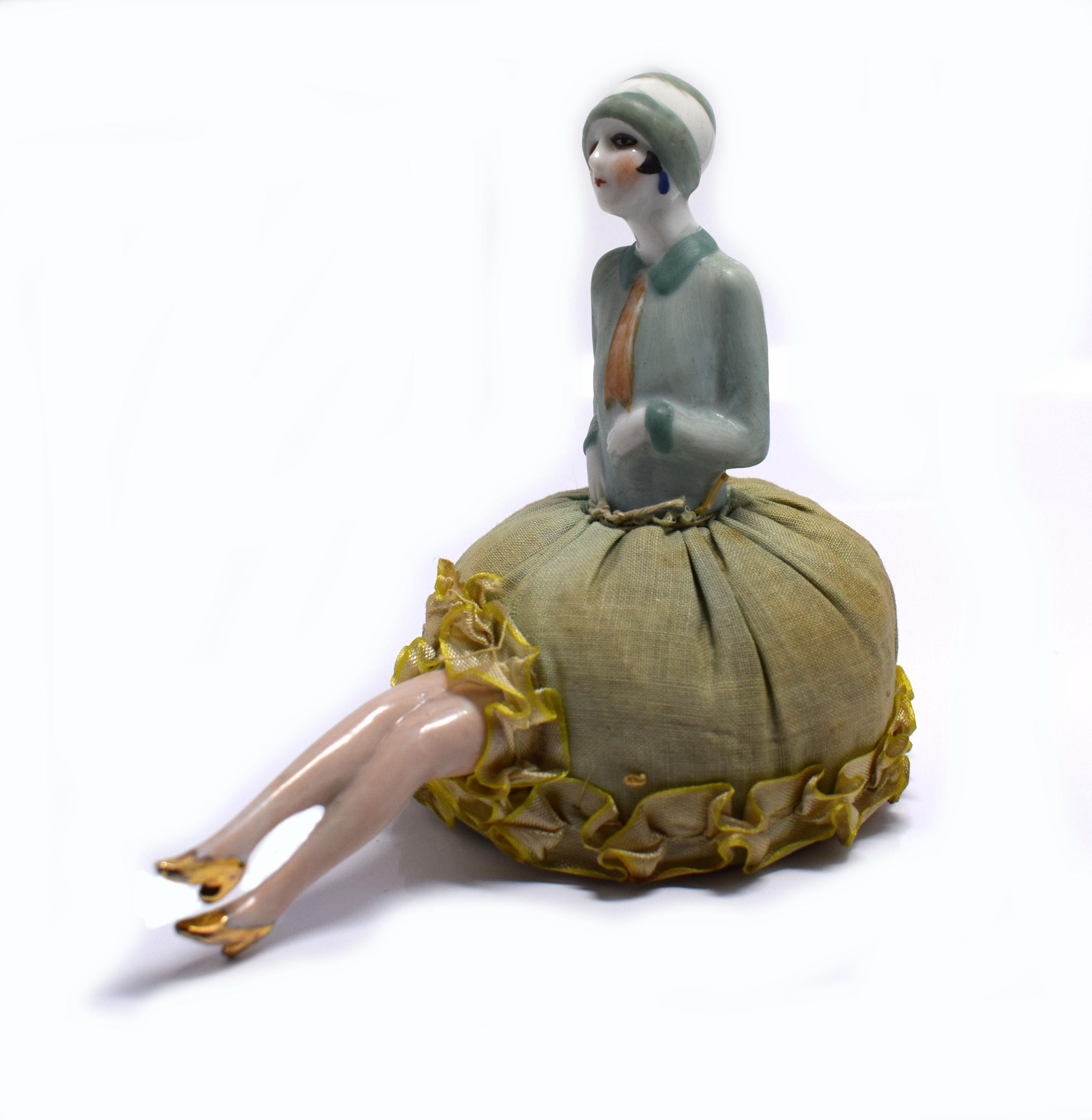 Art Deco German Flapper Girl Pin Cushion with Legs In Good Condition In Devon, England