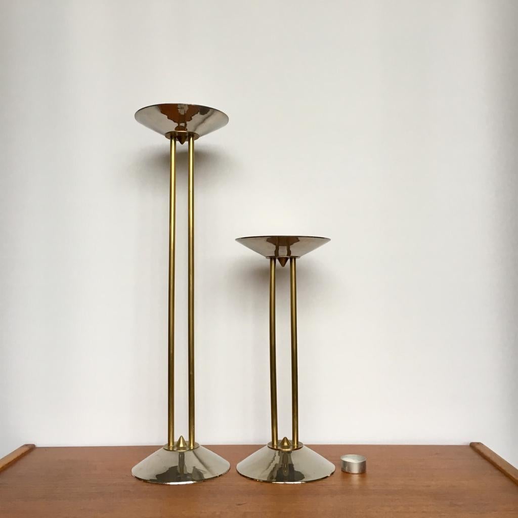 Art Deco German Large Steel and Brass Candleholders, Set of 2, 1930s In Good Condition For Sale In Riga, Latvia