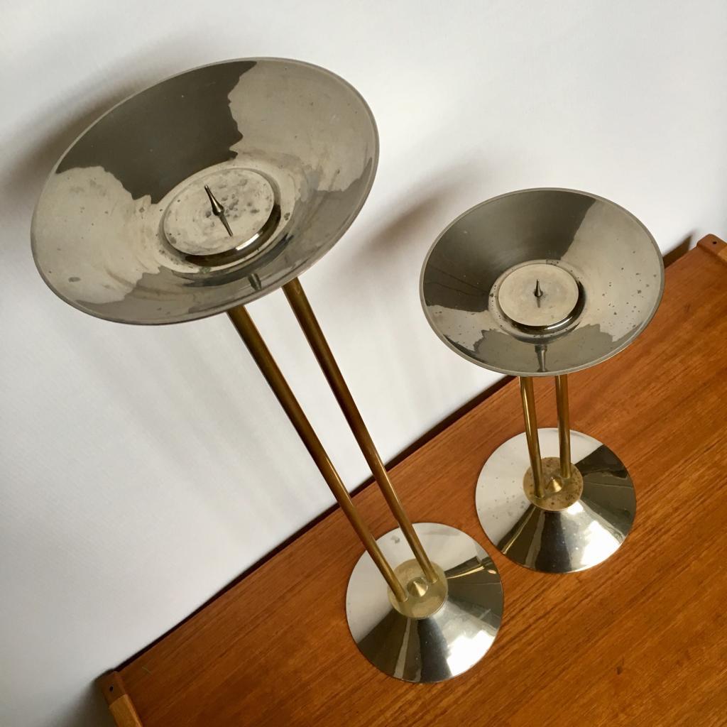 Art Deco German Large Steel and Brass Candleholders, Set of 2, 1930s For Sale 1
