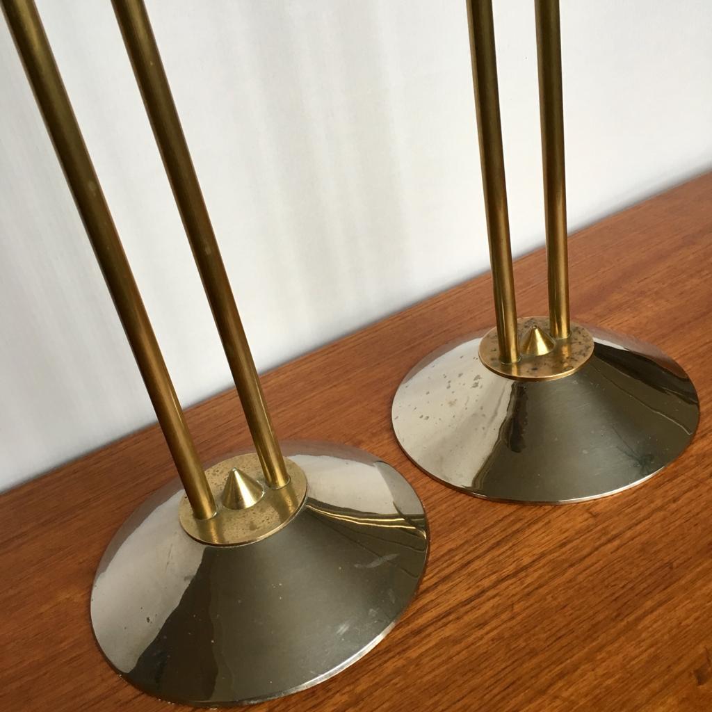 Art Deco German Large Steel and Brass Candleholders, Set of 2, 1930s For Sale 2