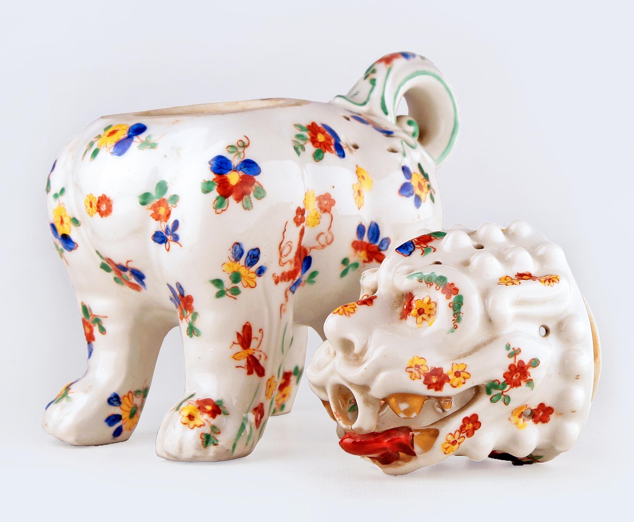 Enameled Art Déco German Painted Porcelain Foo Dog Perfume Lamp/Incense Burner by Aerozon For Sale