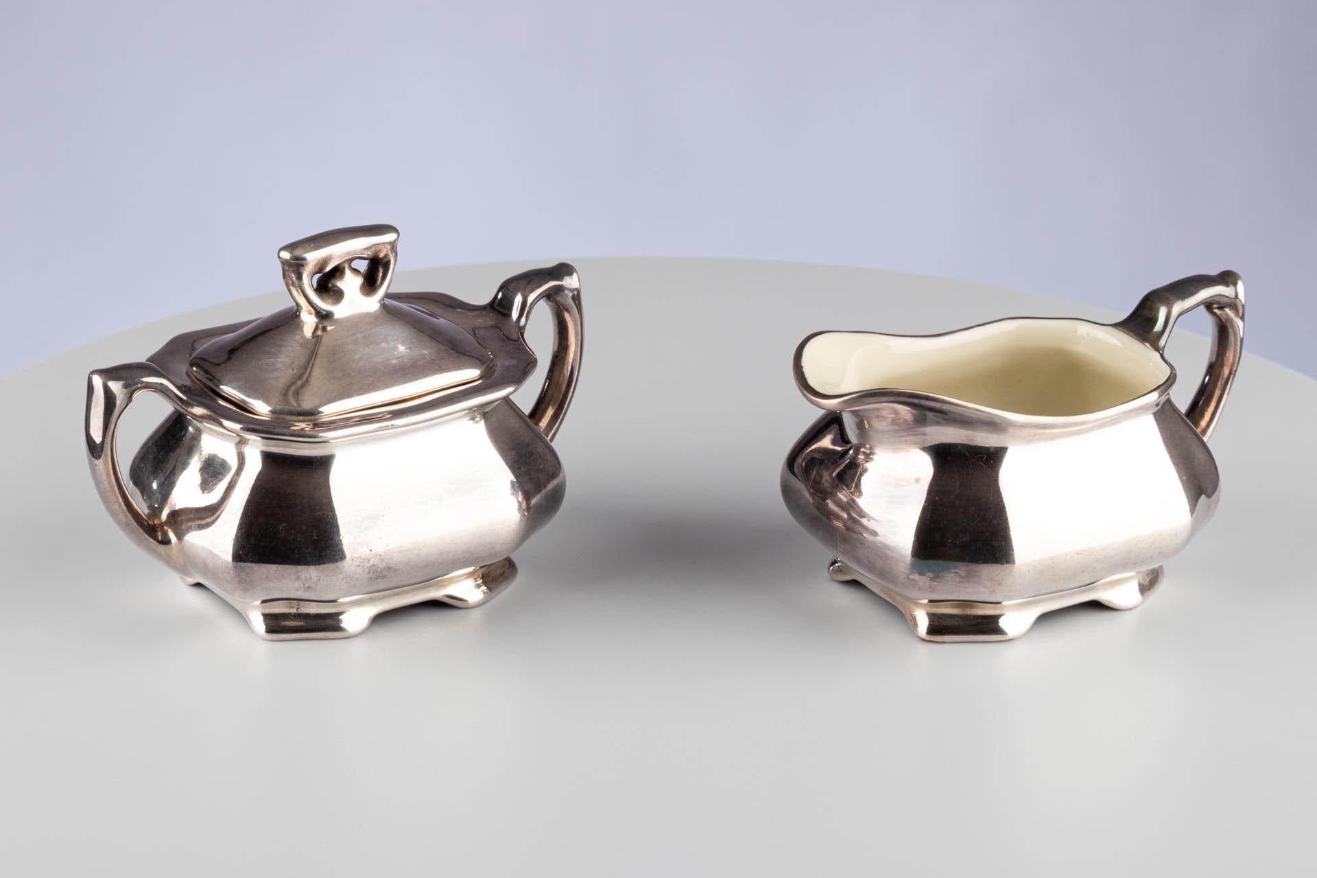 Silvered Art Deco German Silver Lustre Porcelain Sugar Bowl Jug WMF Königszelt Porzellan For Sale
