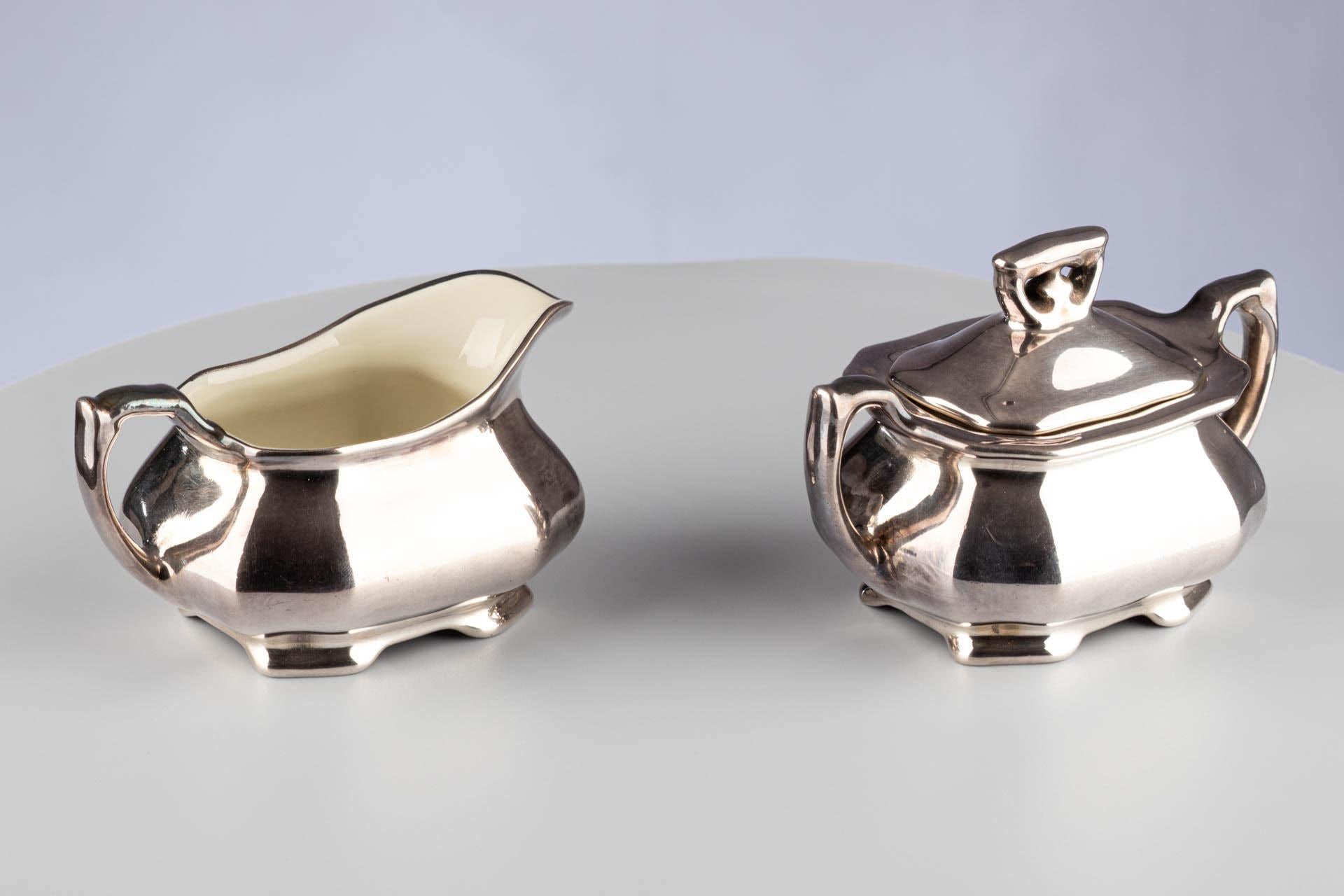 Art Deco German Silver Lustre Porcelain Sugar Bowl Jug WMF Königszelt Porzellan In Excellent Condition For Sale In Greven, DE