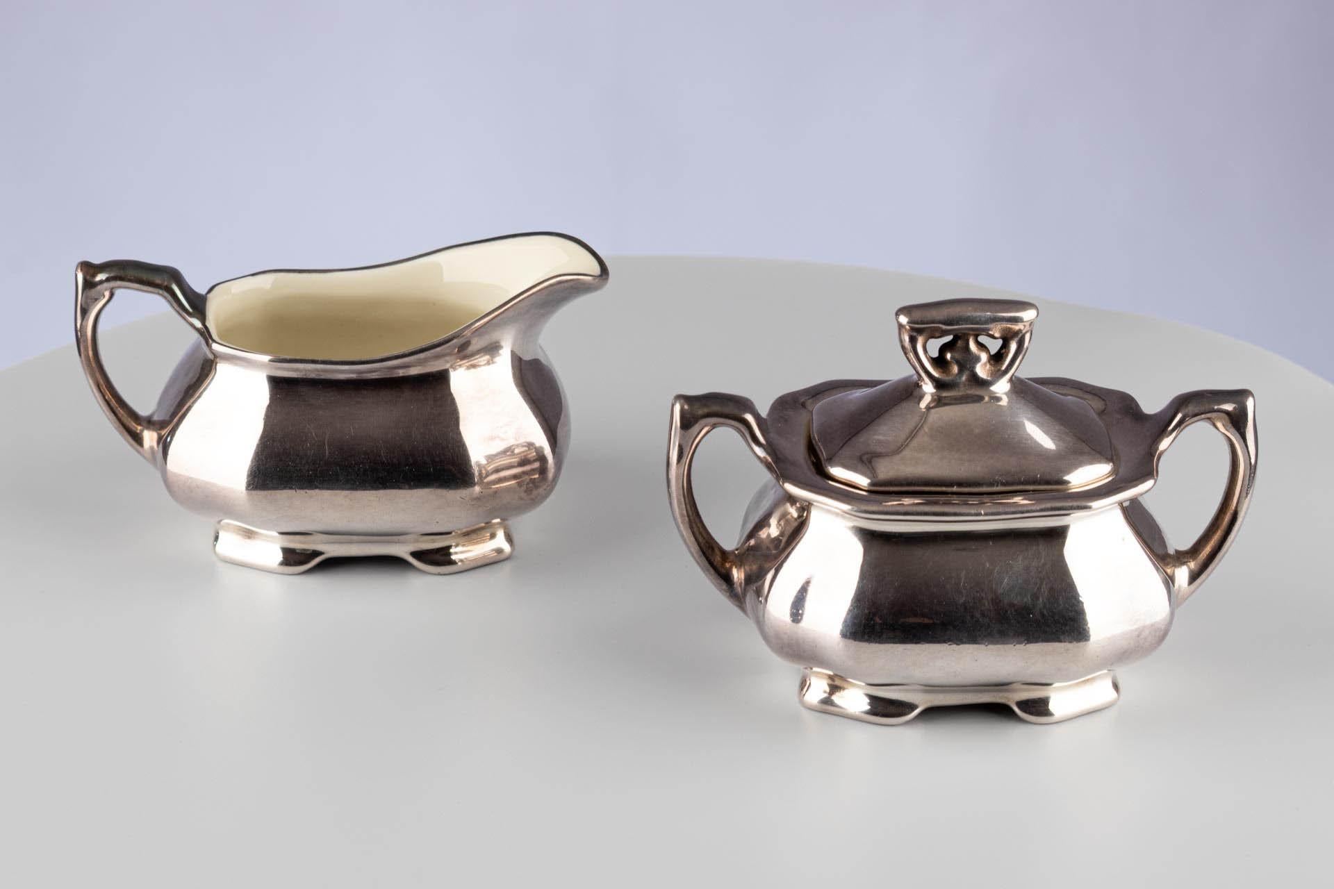 Art Deco German Silver Lustre Porcelain Sugar Bowl Jug WMF Königszelt Porzellan For Sale 2