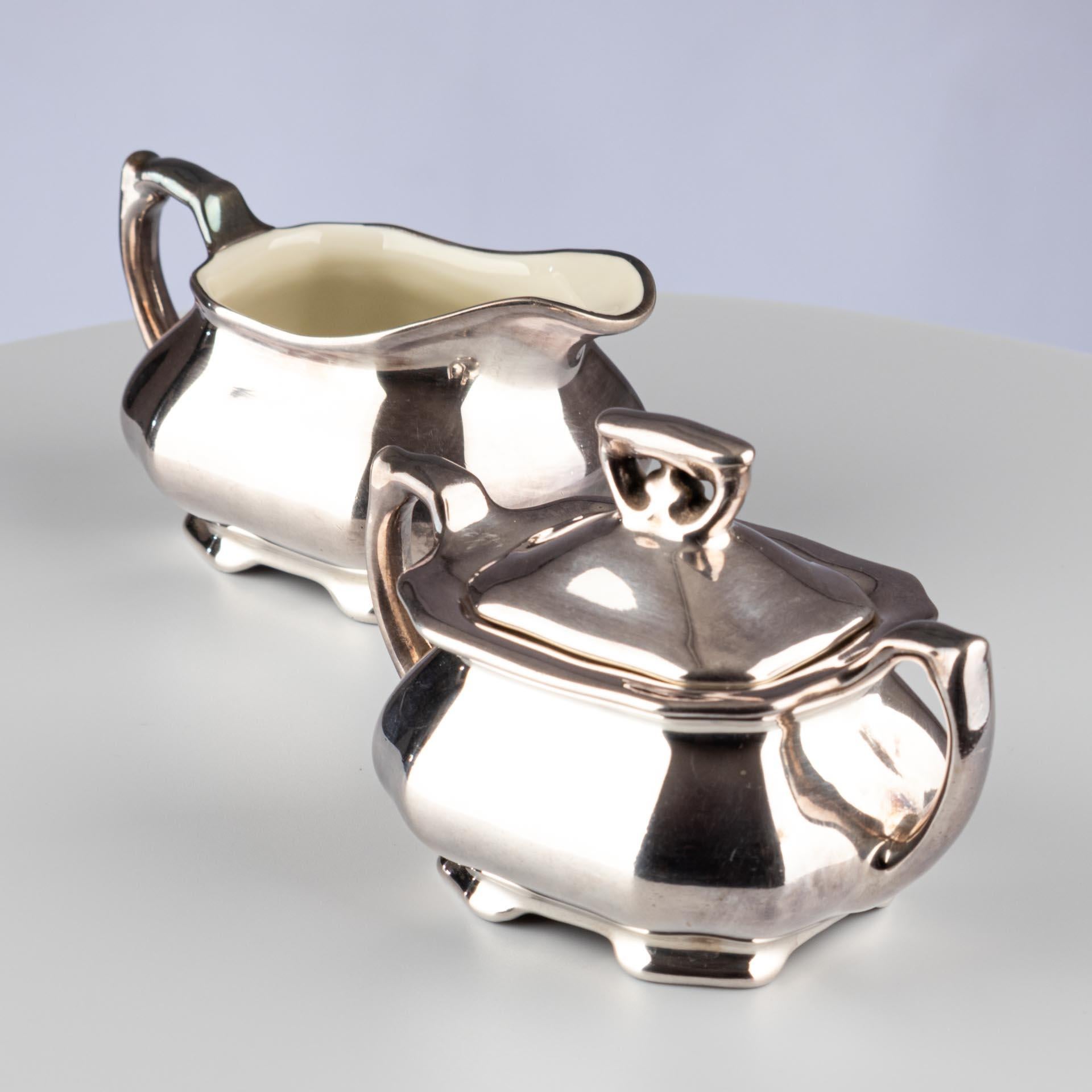 Art Deco German Silver Lustre Porcelain Sugar Bowl Jug WMF Königszelt Porzellan For Sale 3