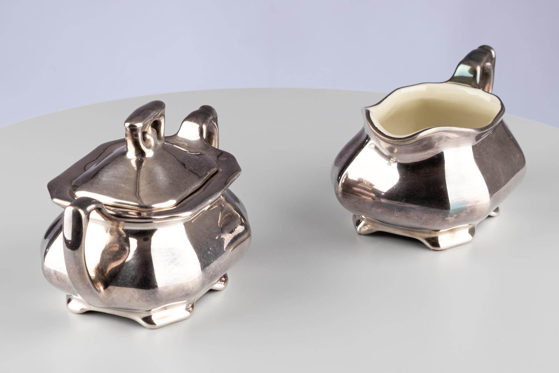 Art Deco German Silver Lustre Porcelain Sugar Bowl Jug WMF Königszelt Porzellan For Sale 4