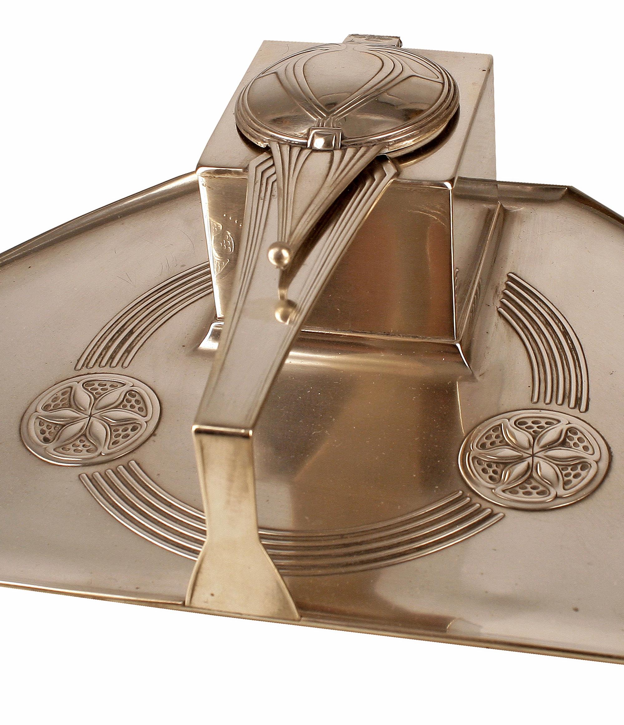 Art Déco German Silvered Metal Pen Tray and Inkwell Decorative Desk Stand by WMF In Good Condition For Sale In North Miami, FL