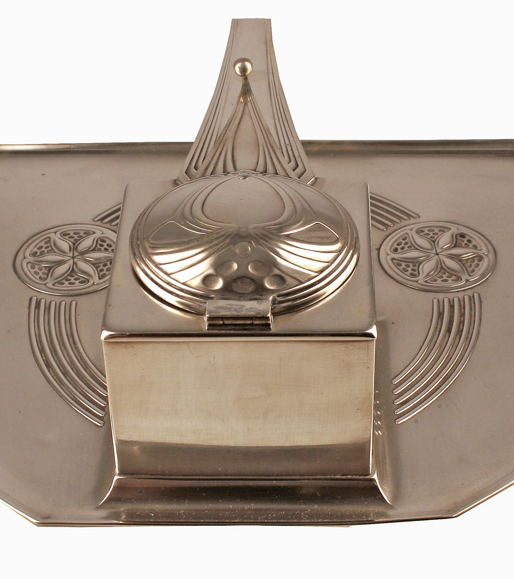 20th Century Art Déco German Silvered Metal Pen Tray and Inkwell Decorative Desk Stand by WMF For Sale