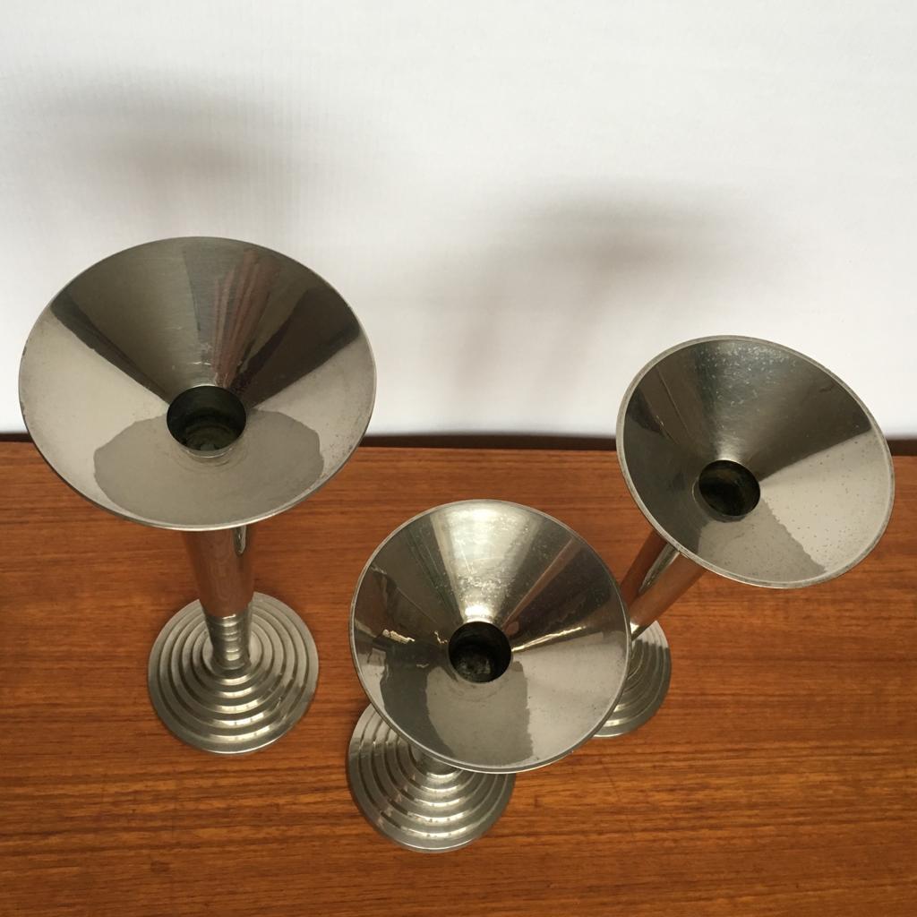Art Deco German Steel Candle Holders, Set of 3 In Good Condition For Sale In Riga, Latvia