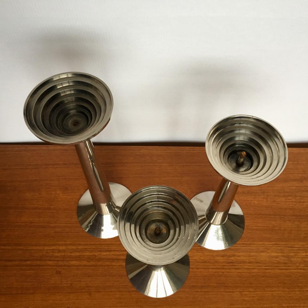 Mid-20th Century Art Deco German Steel Candle Holders, Set of 3 For Sale