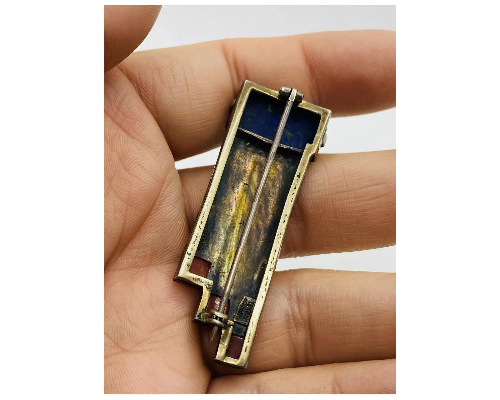 Art-Deco German Sterling Silver Enamel Coral Lapis Brooch Pin For Sale 9
