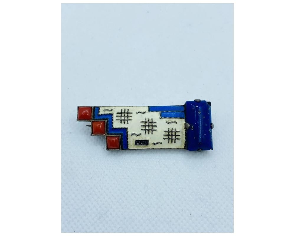 Square Cut Art-Deco German Sterling Silver Enamel Coral Lapis Brooch Pin For Sale