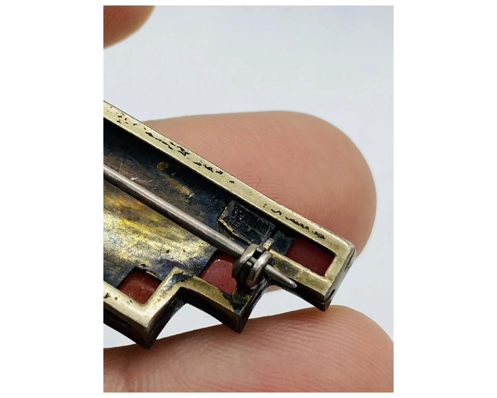 Art-Deco German Sterling Silver Enamel Coral Lapis Brooch Pin For Sale 3
