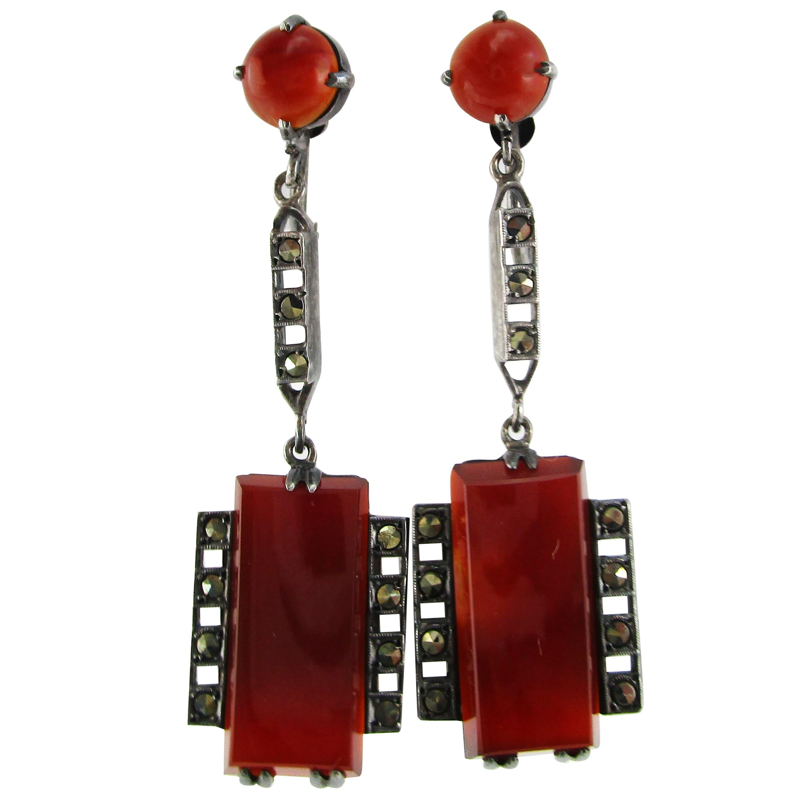 Art Deco German Sterling Silver Marcasite Carnelian Drop Screw Back Earrings