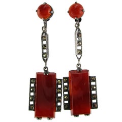 Antique Art Deco German Sterling Silver Marcasite Carnelian Drop Screw Back Earrings