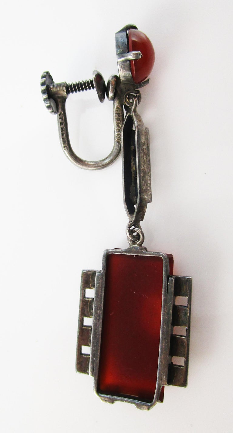 Art Deco German Sterling Silver Marcasite Carnelian Drop Screw Back ...