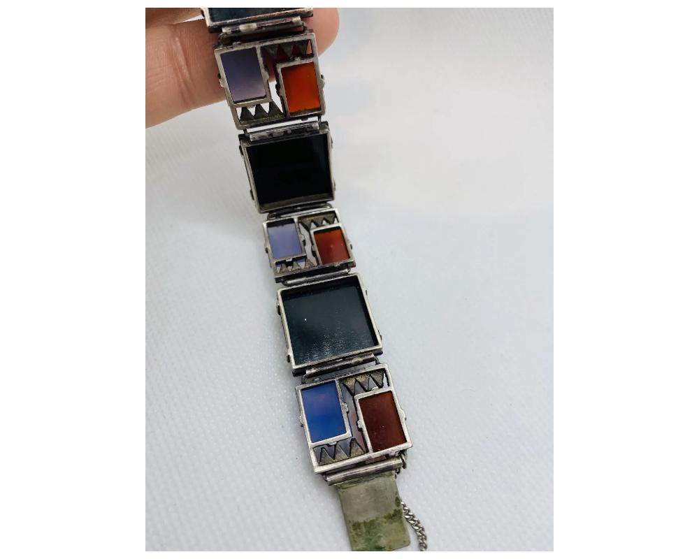 Art Deco German Sterling Silver Marcasite Onyx Chalcedony Bracelet For Sale 1