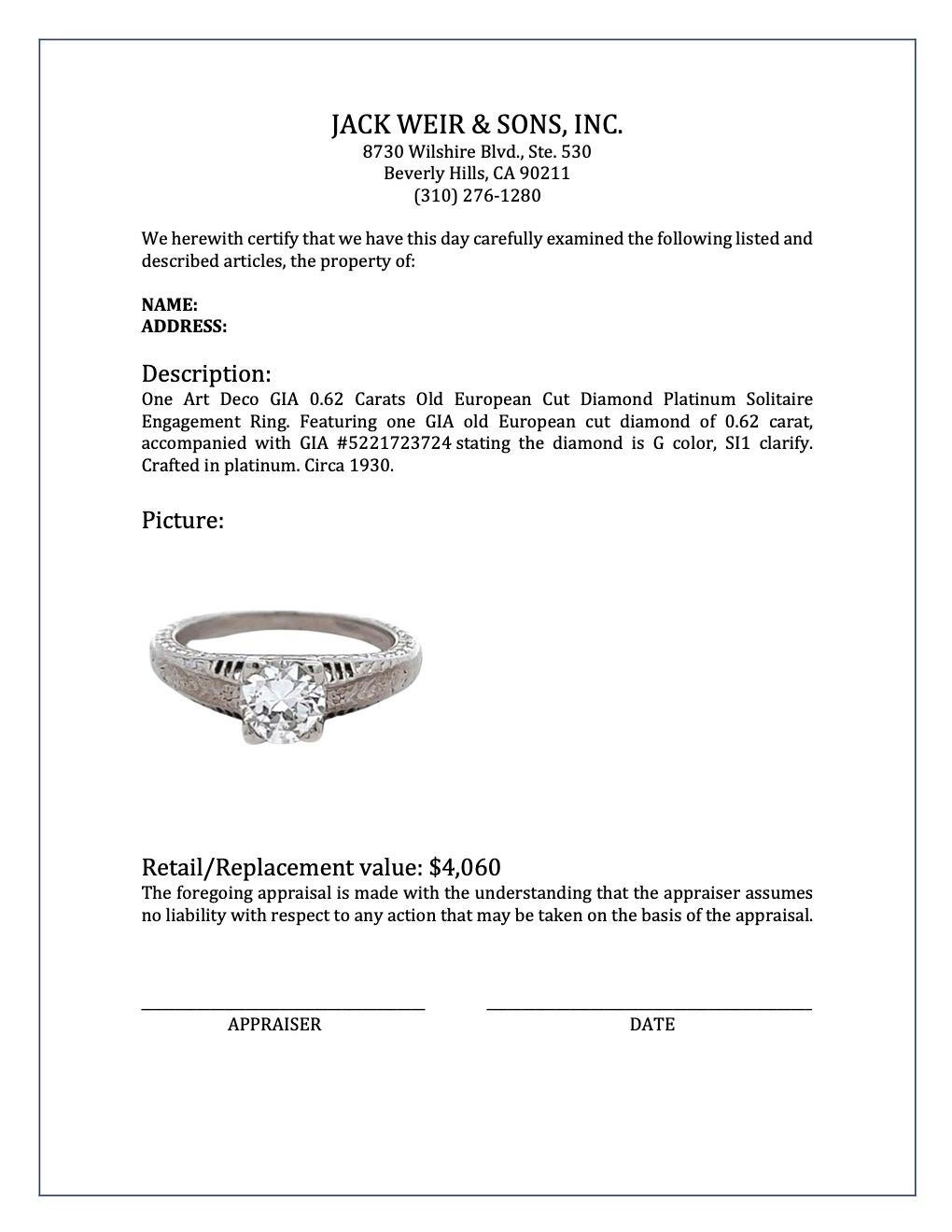 Art Deco Gia 0.62 Carats Old European Cut Diamond Platinum Solitaire Engagement  4