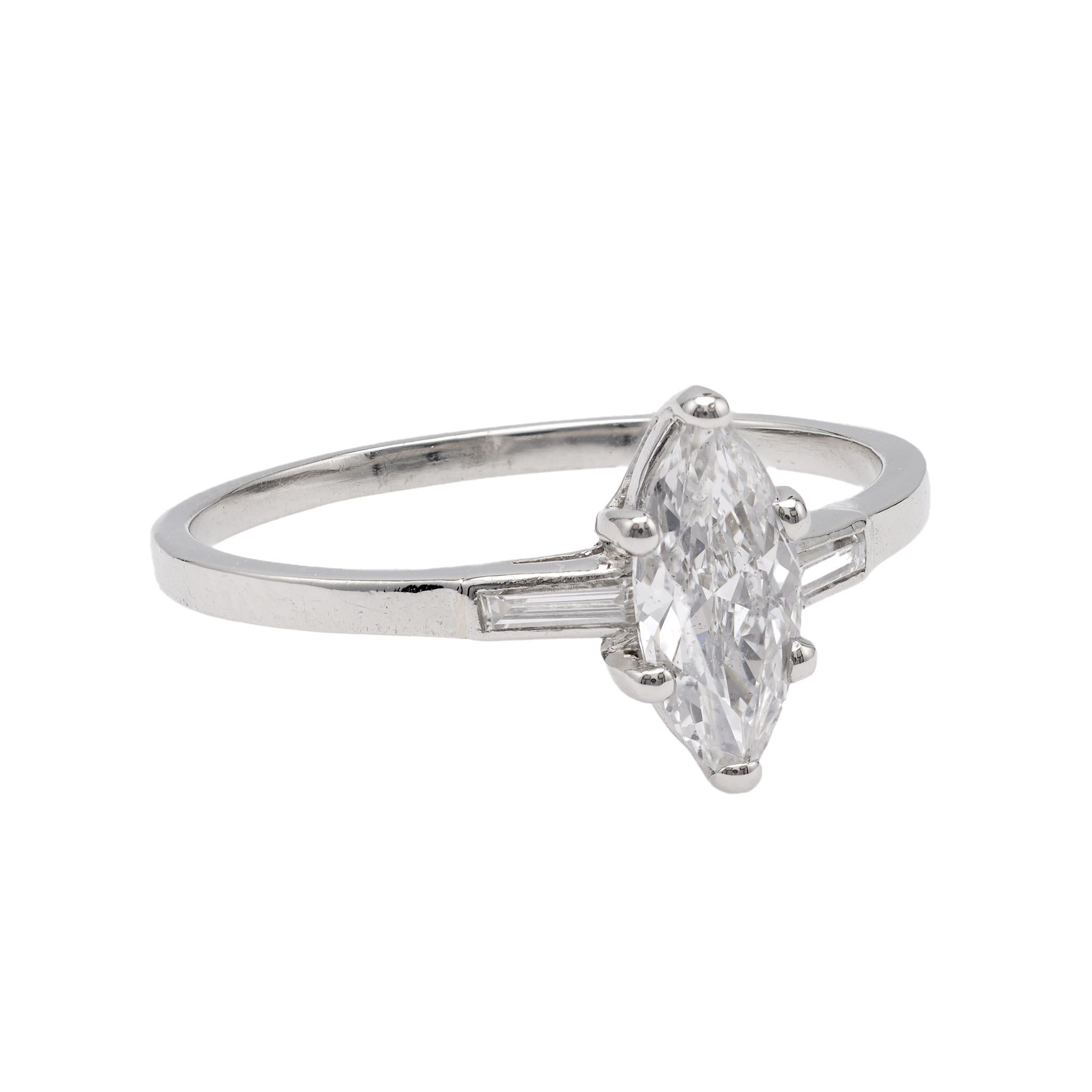 Art Deco GIA 0.70 Carat Marquise Cut Diamond Platinum Ring For Sale 1