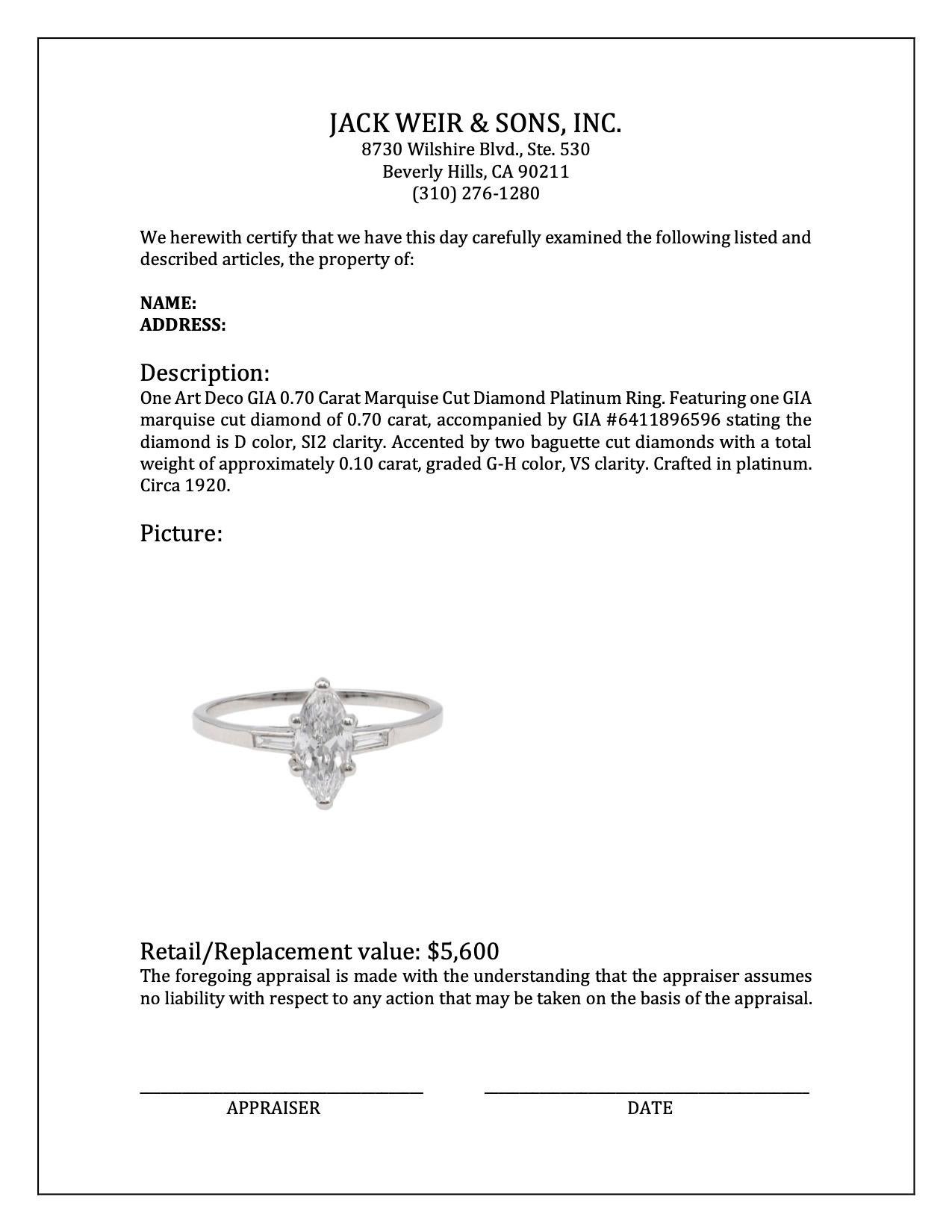 Art Deco GIA 0.70 Carat Marquise Cut Diamond Platinum Ring For Sale 2