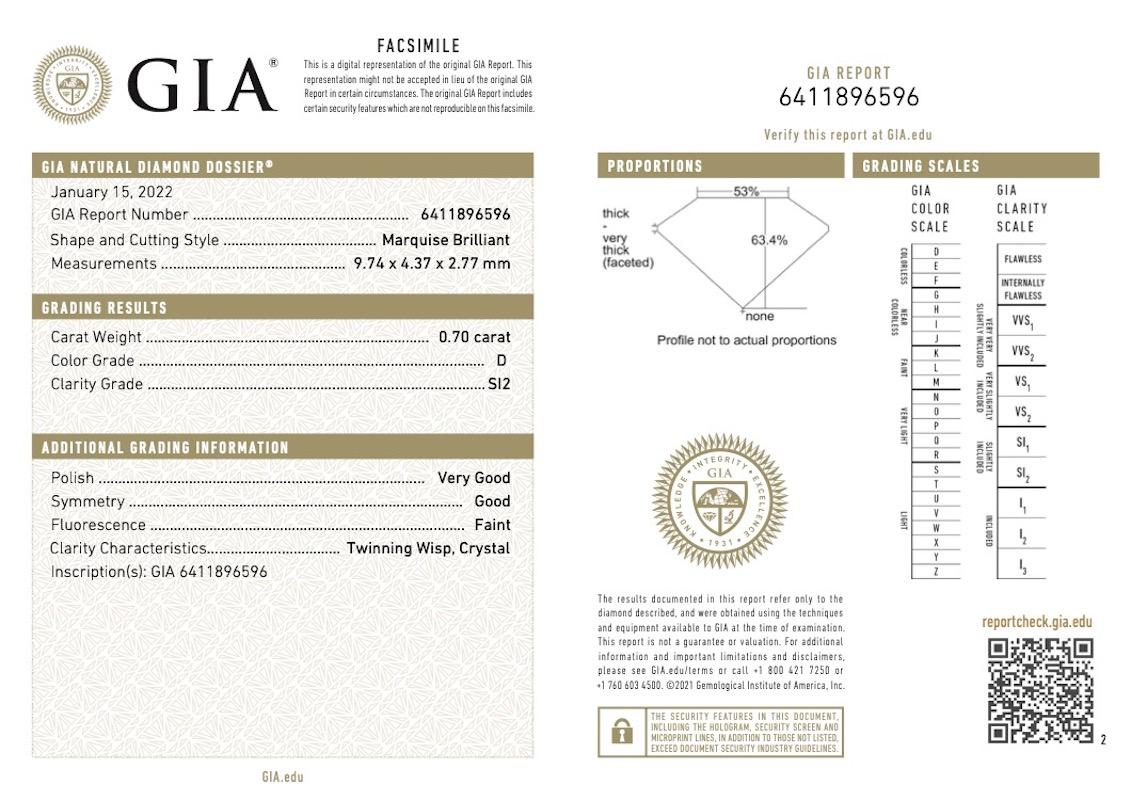 Bague Art déco en platine avec diamants taille marquise de 0.70 carats certifiés GIA en vente 2