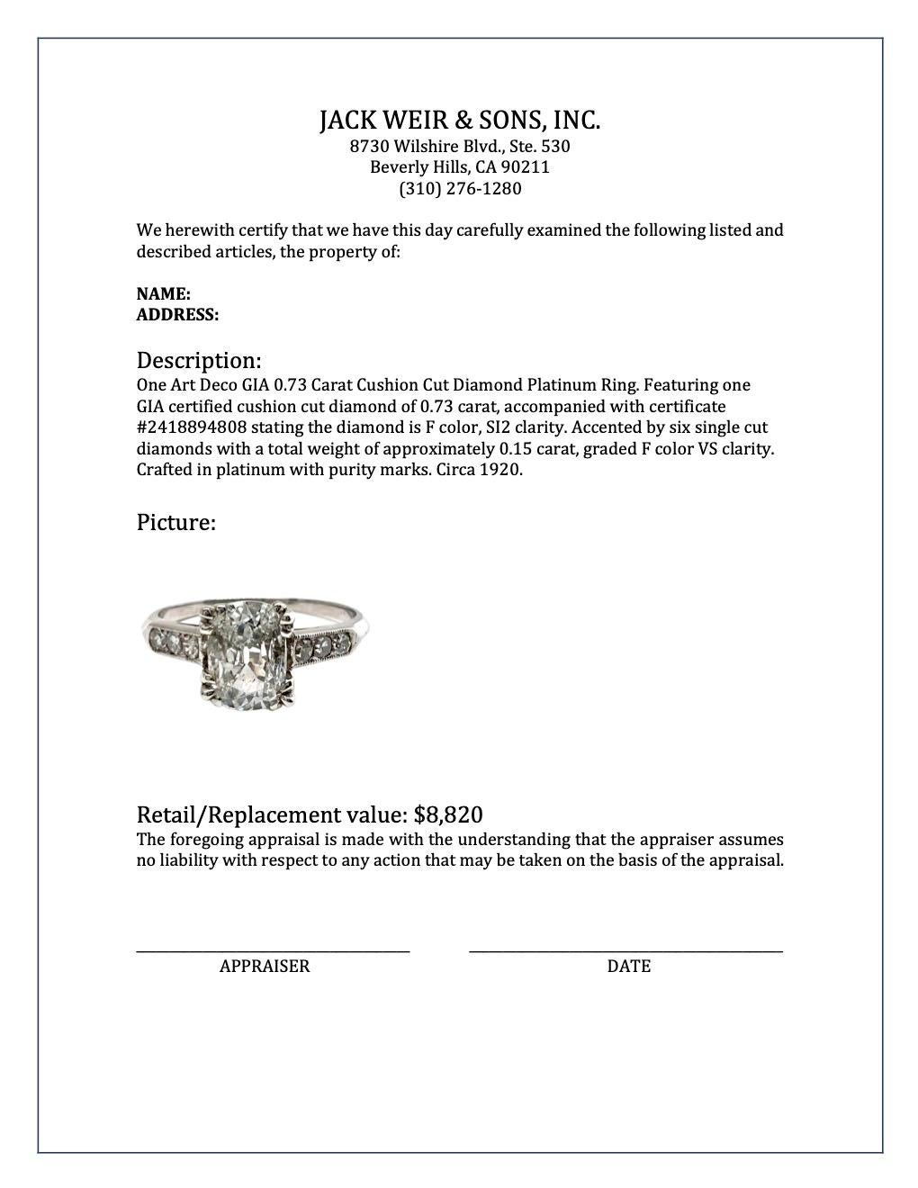Art Deco GIA 0.73 Carat Cushion Cut Diamond Platinum Ring 3