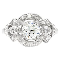 Art Déco GIA 0,79 carat Bague de fiançailles en platine avec diamant européen ancien L VS1