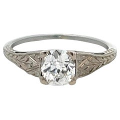 Art Deco GIA 0.80 Carats Old Mine Cut Diamond 18k White Gold Solitaire Ring