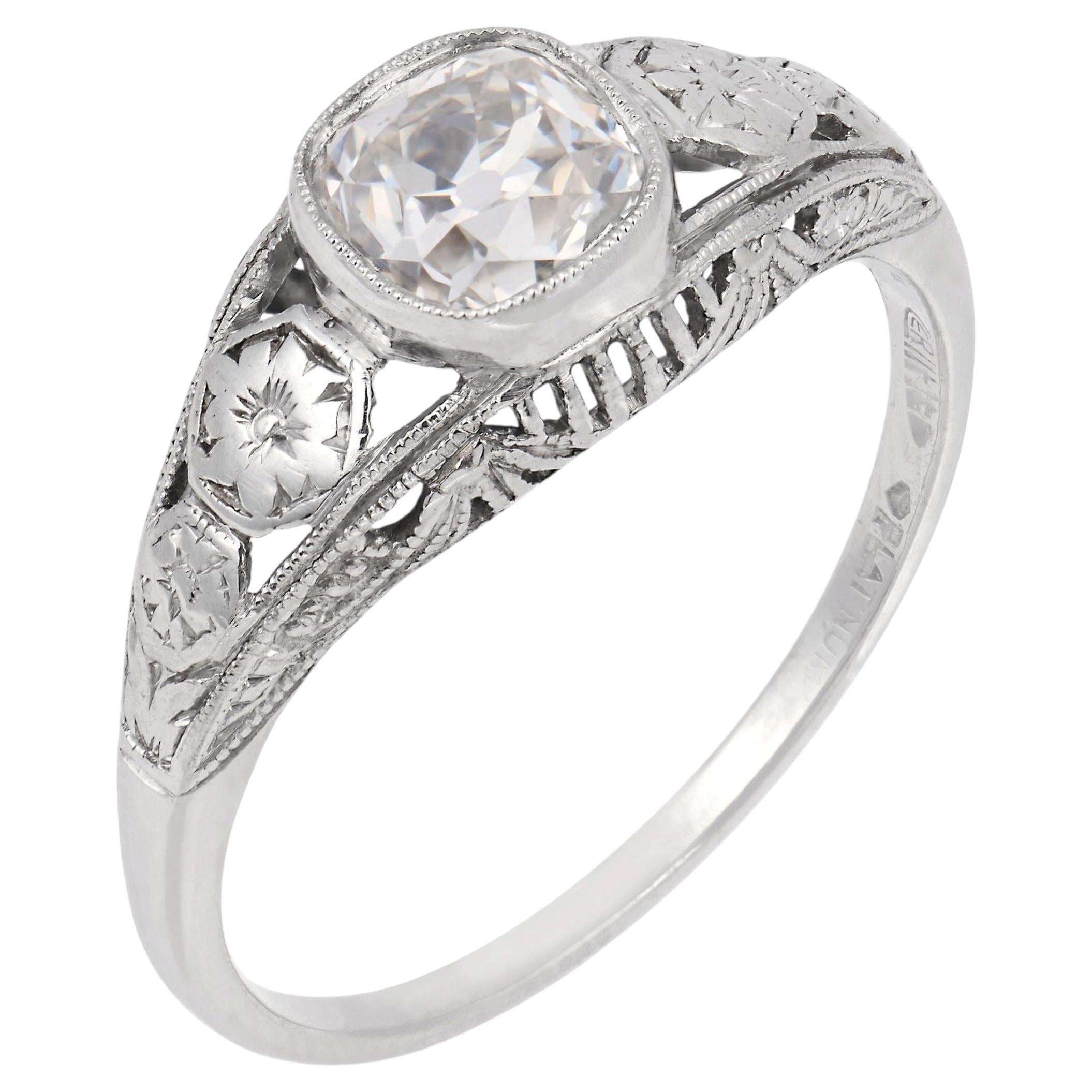 Art Deco GIA 0.91 carat old mine cut diamond platinum engagement ring