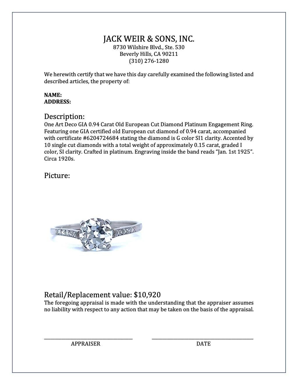 Art Deco GIA 0.94 Carat Old European Cut Diamond Platinum Engagement Ring 4