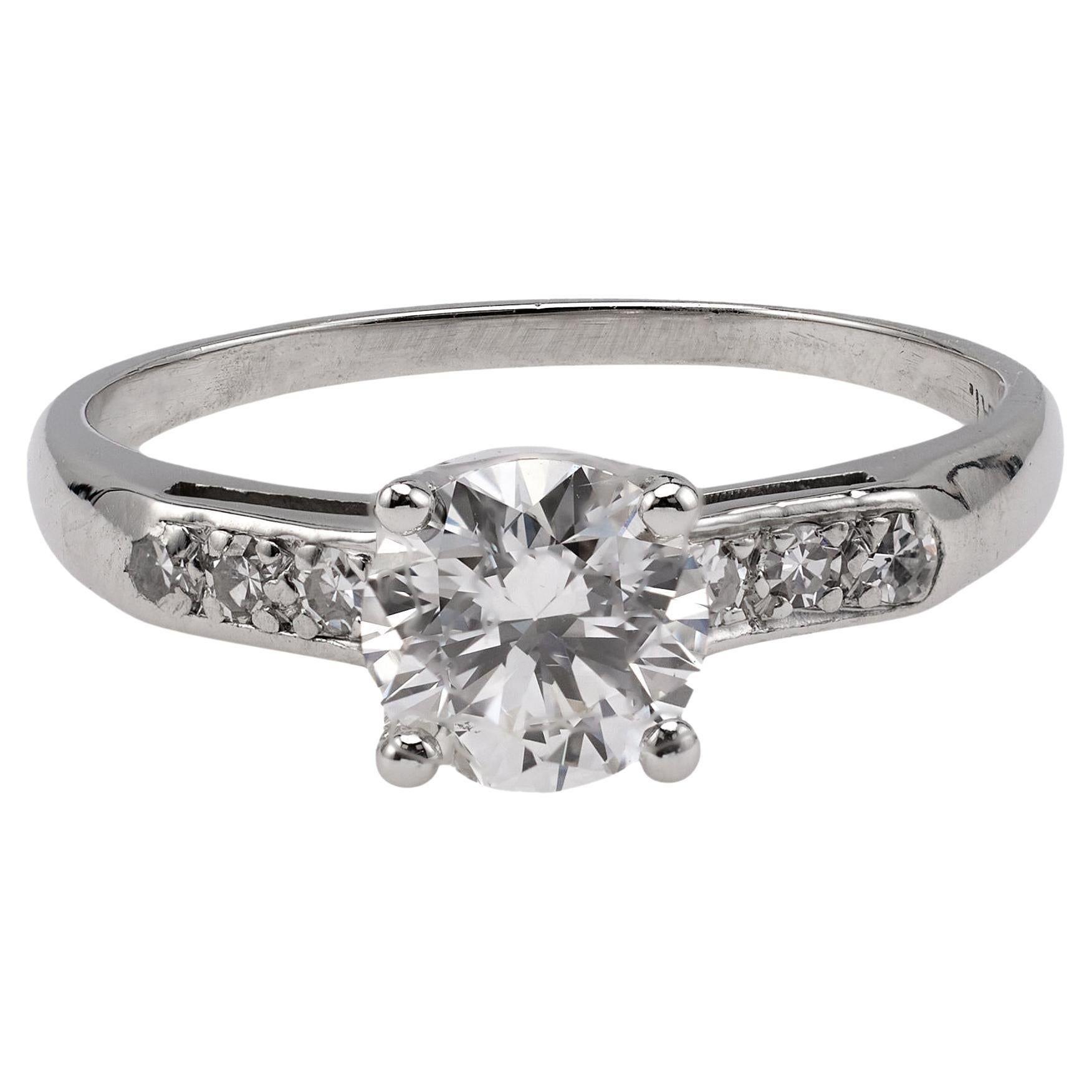 Art Deco GIA 0.94 Carat Round Brilliant Cut Diamond Platinum Ring