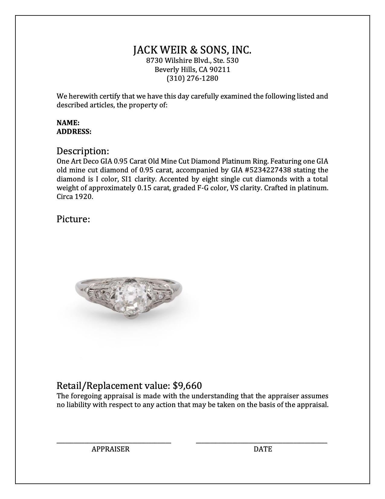 Art Deco GIA 0.95 Carat Old Mine Cut Diamond Platinum Ring For Sale 1
