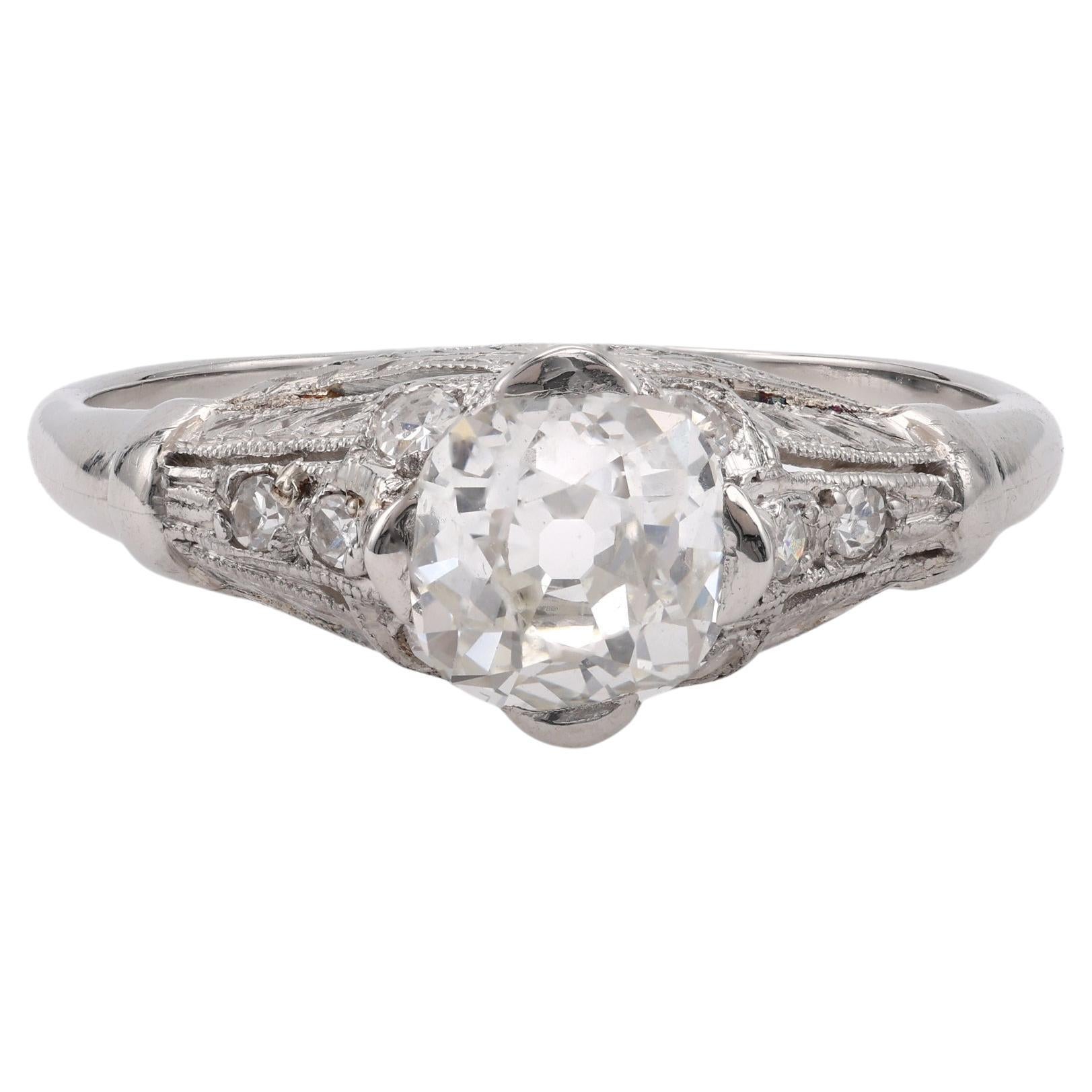 Art Deco GIA 0.95 Carat Old Mine Cut Diamond Platinum Ring For Sale