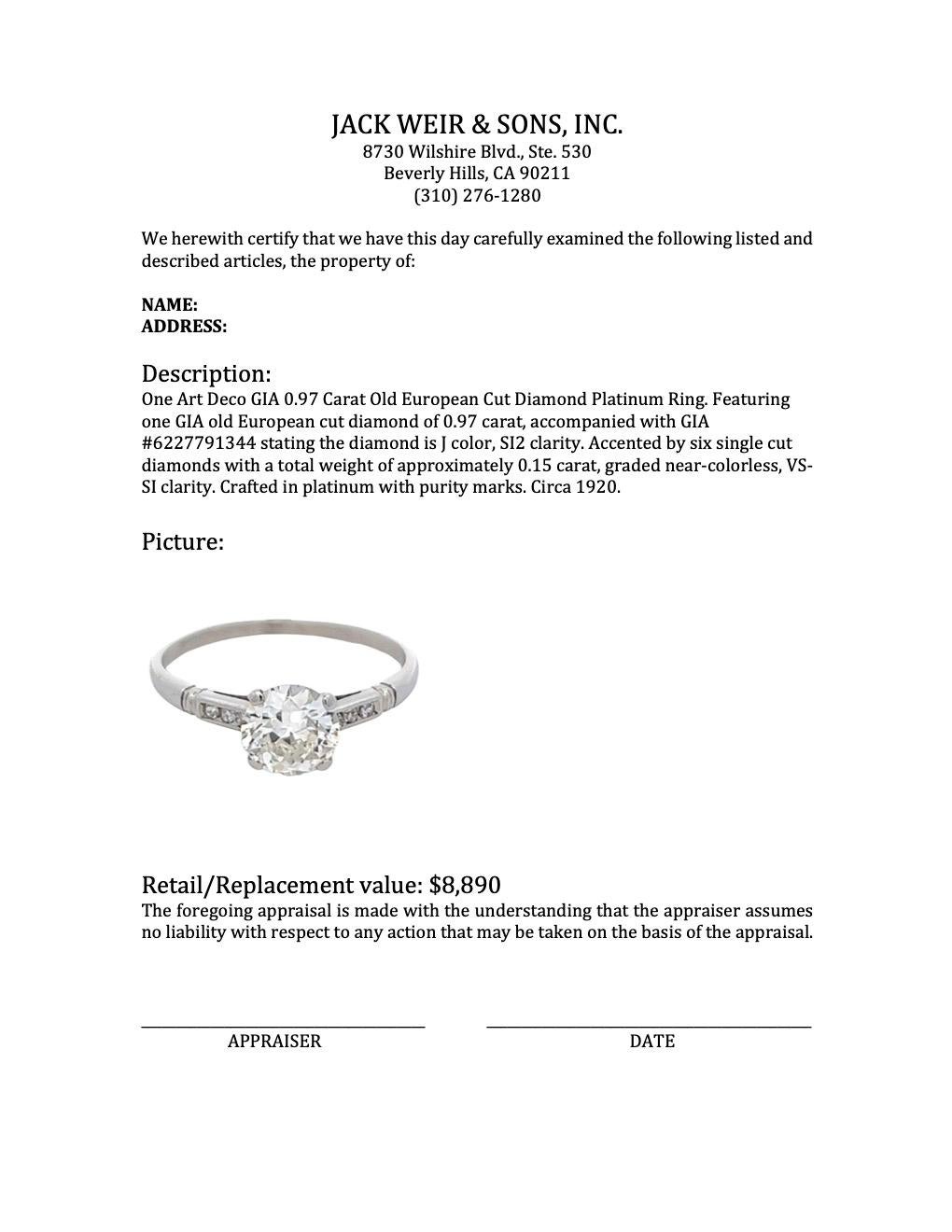 Bague Art déco en platine avec diamant taille vieille Europe de 0,97 carat certifié GIA 3