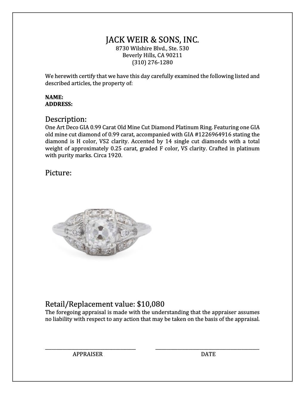 Art Deco GIA 0.99 Carat Old Mine Cut Diamond Platinum Ring 4