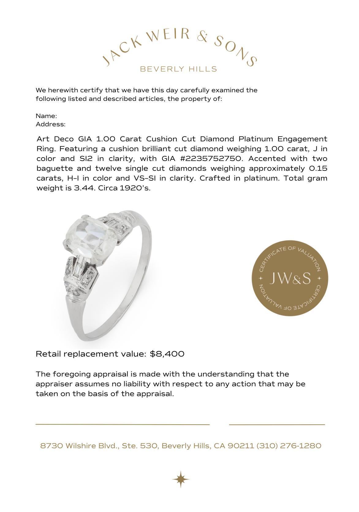 Anello di fidanzamento in platino Art Deco GIA con diamante taglio cuscino da 1,00 carati in vendita 1