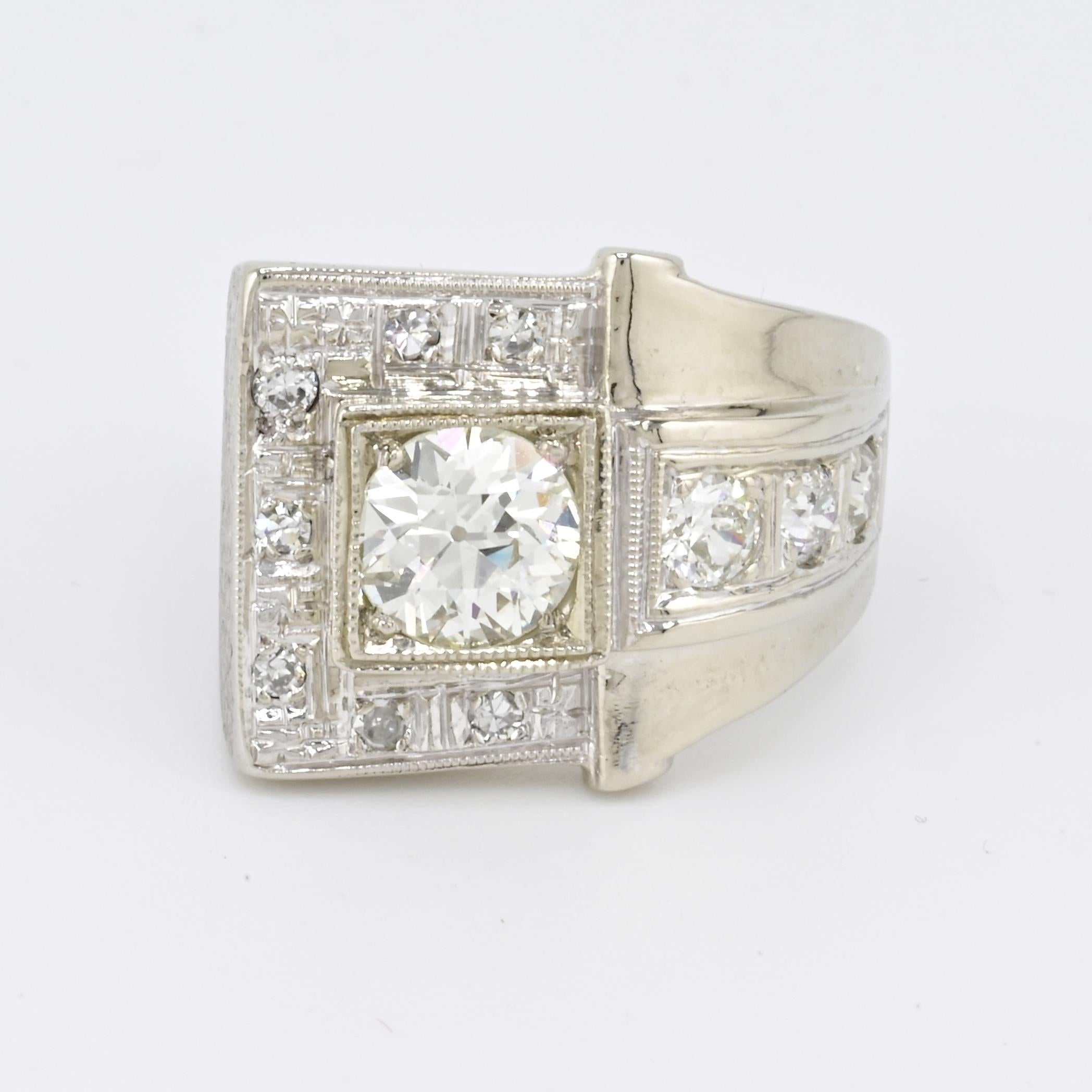 Art Deco GIA 1.00 Carat M Color VS2 Diamond Ring 14K White Gold Ring Size 5.75 In Good Condition For Sale In Media, PA